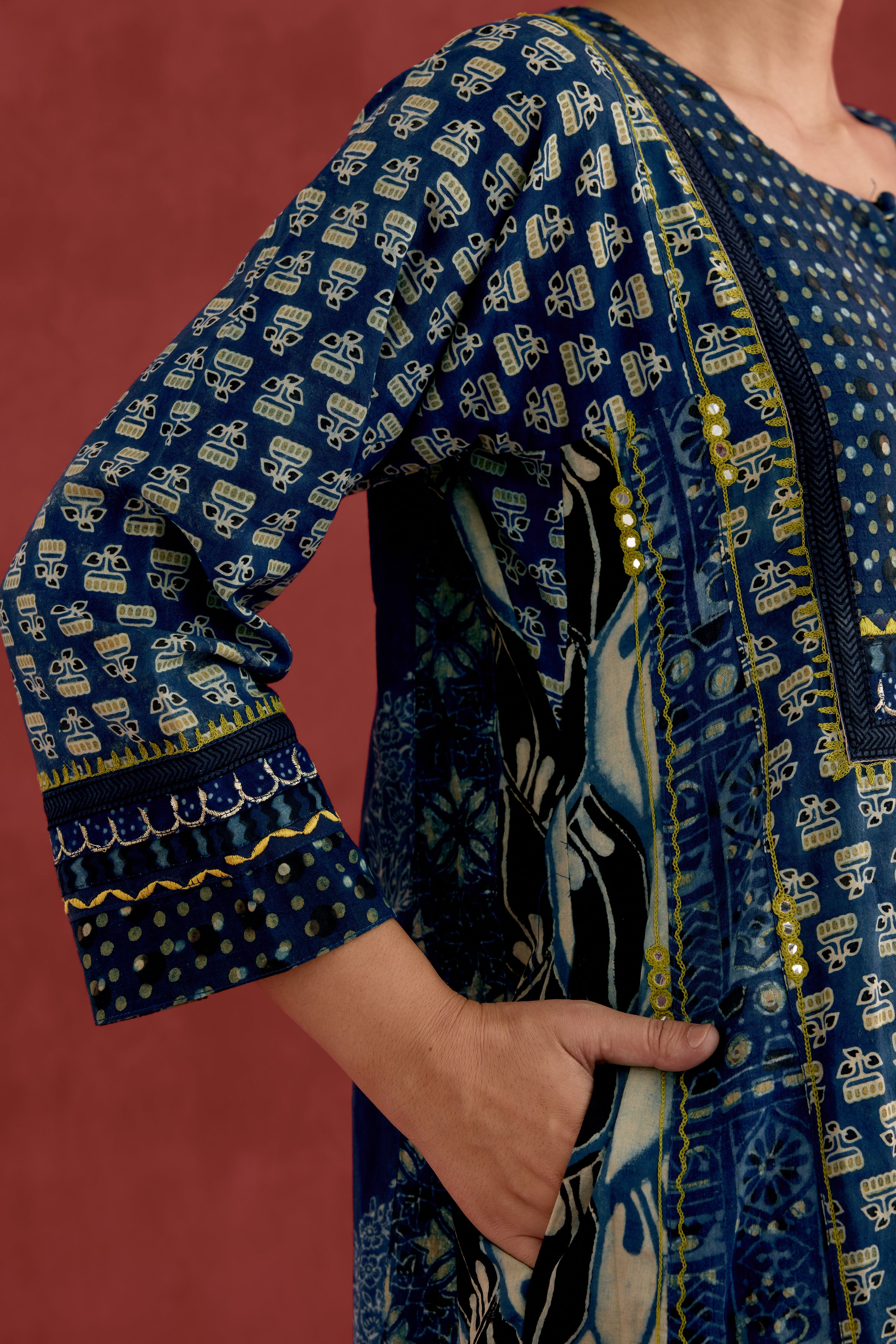 Adya Embroidered Cotton Ajrakh Block Printred Kurta Blue (10049059815723)