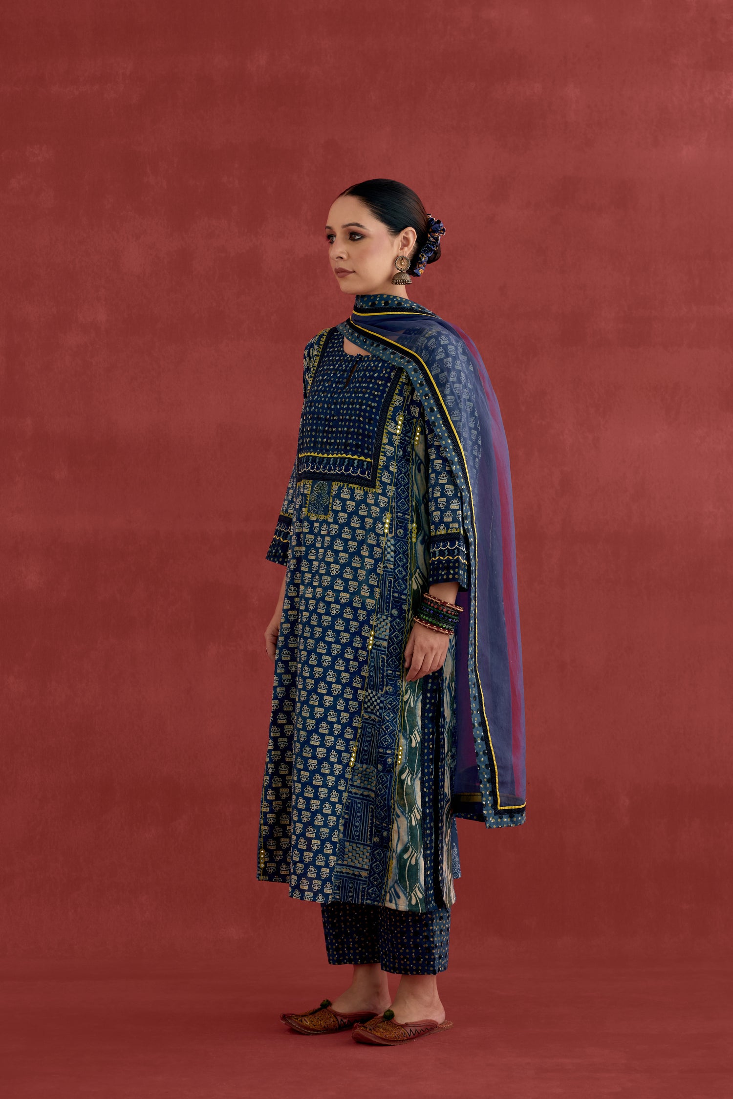 Adya Embroidered Cotton Ajrakh Block Printred Kurta Blue (10049059815723)