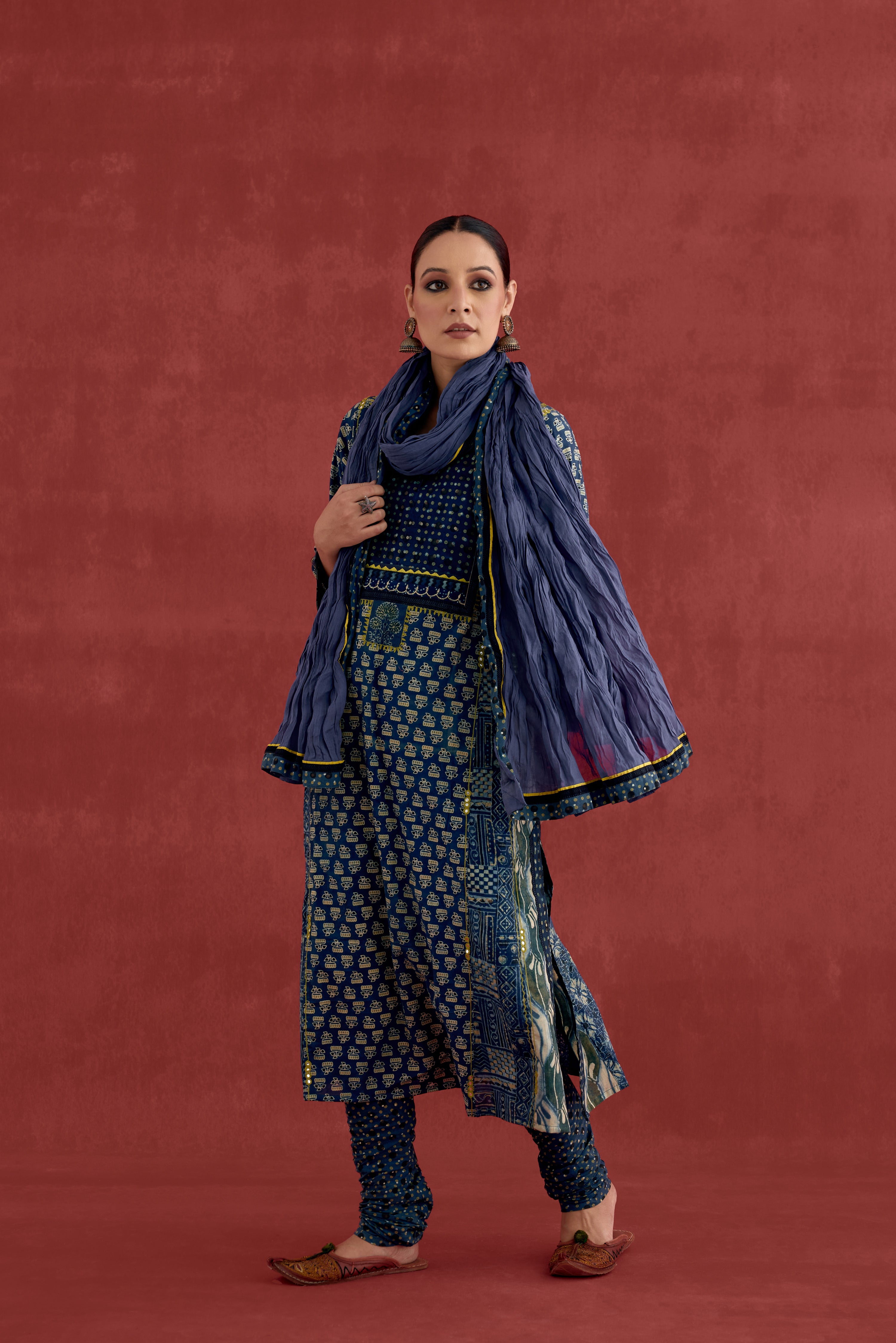 Adya Embroidered Cotton Ajrakh Block Printred Kurta Blue (10049059815723)