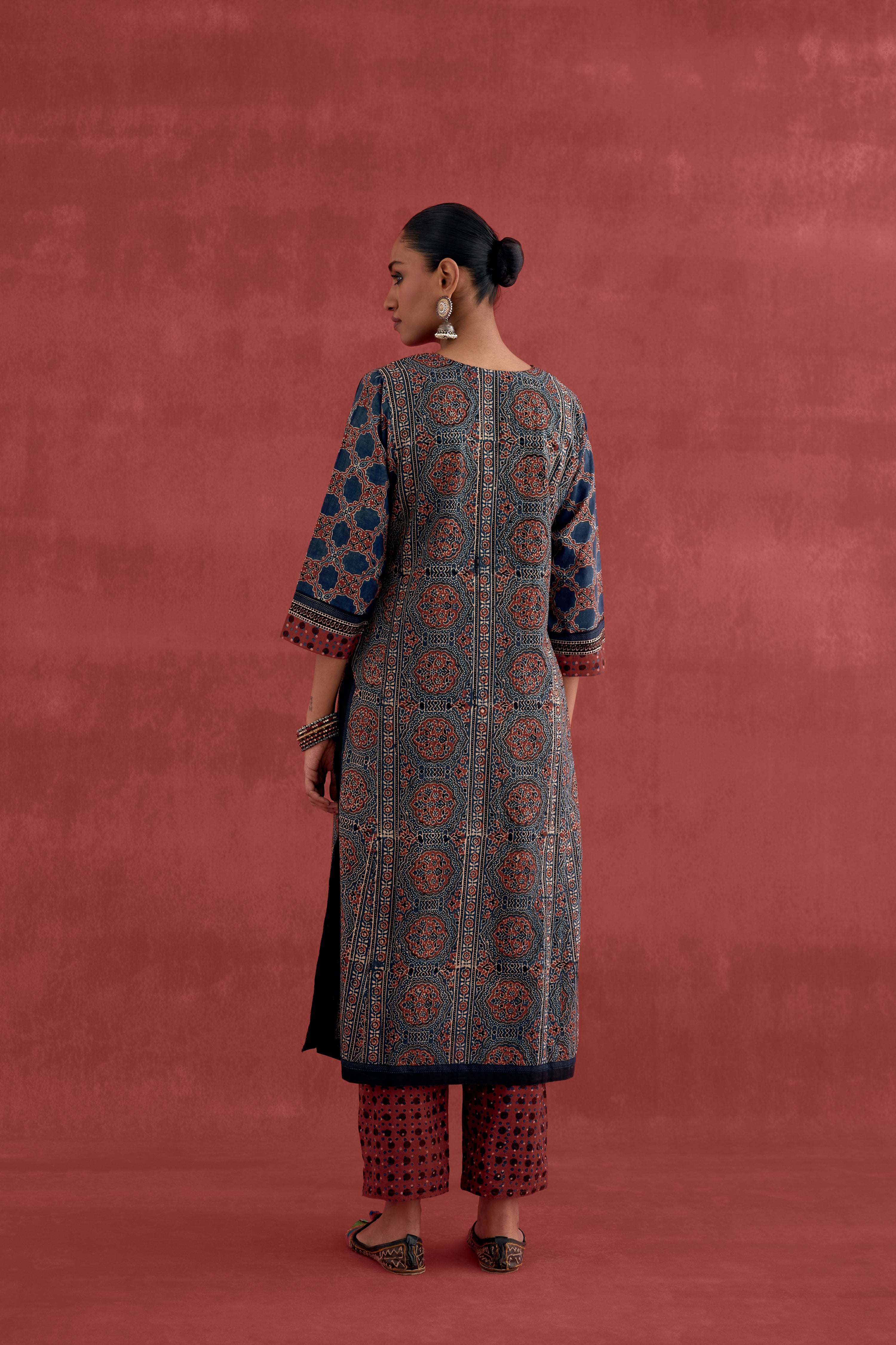 Miran Cotton Ajrakh Block Printed Kurta Blue Maroon (10049050411307)