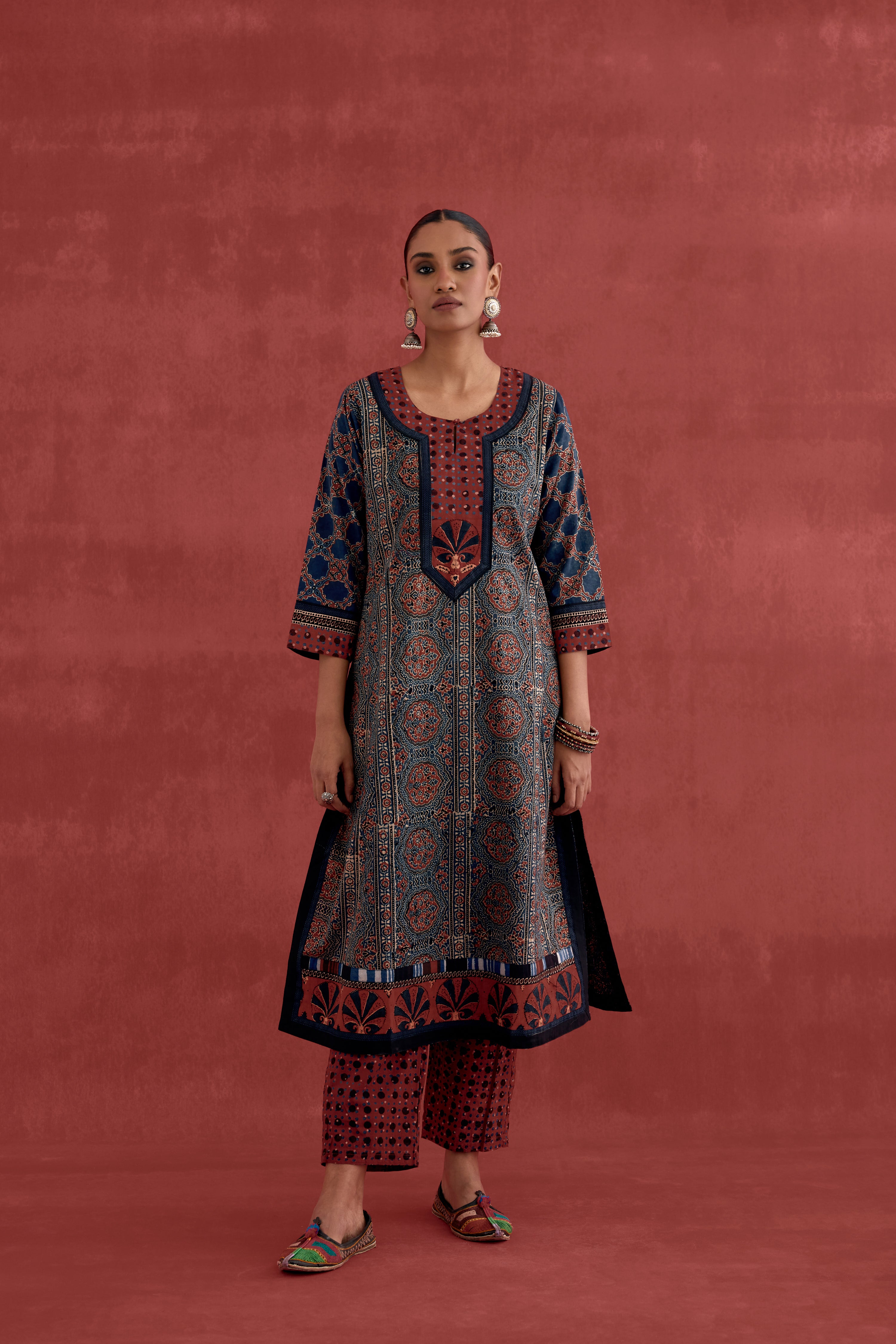 Miran Cotton Ajrakh Block Printed Kurta Blue Maroon (10049050411307)