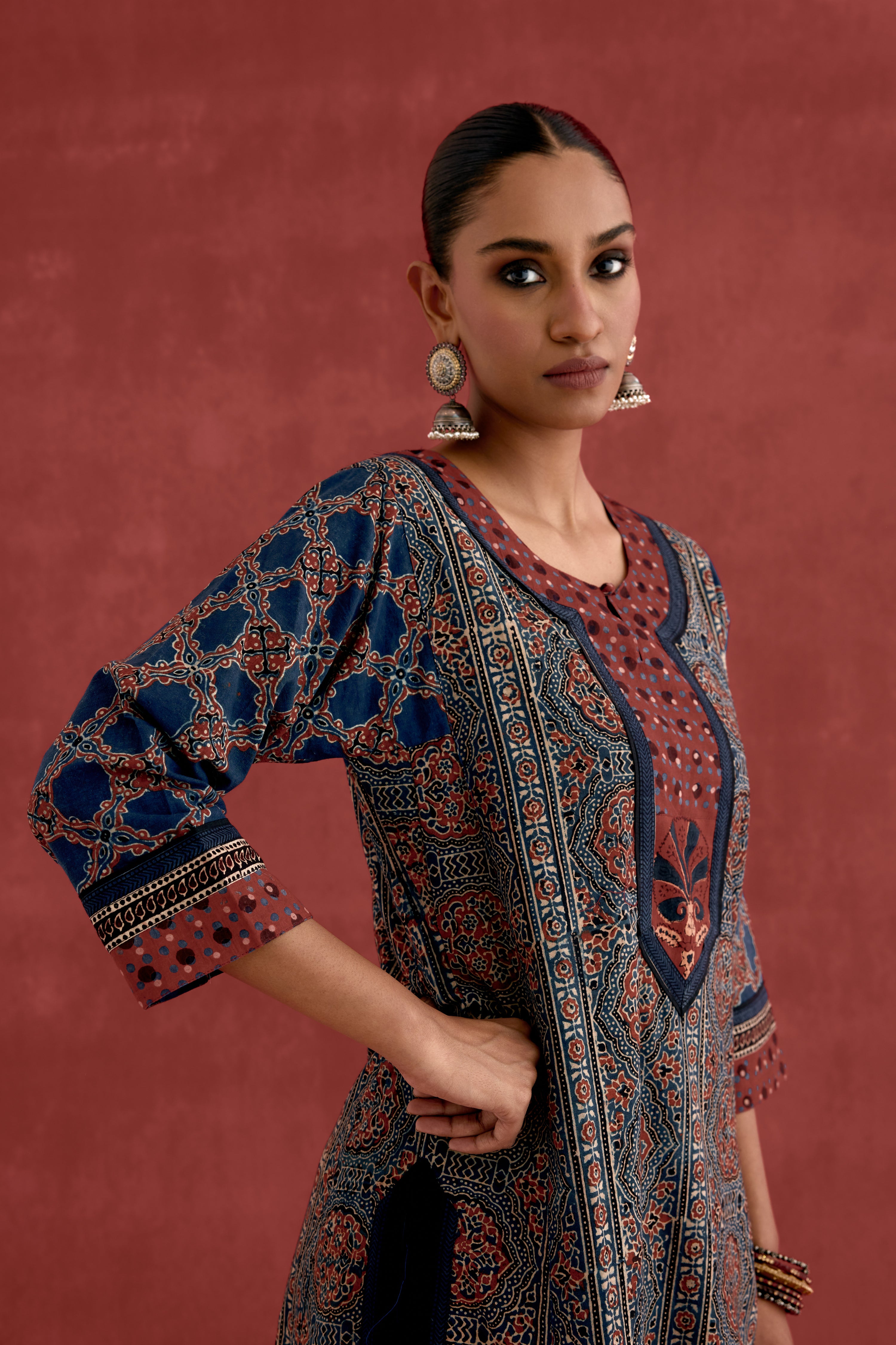 Miran Cotton Ajrakh Block Printed Kurta Blue Maroon (10049050411307)
