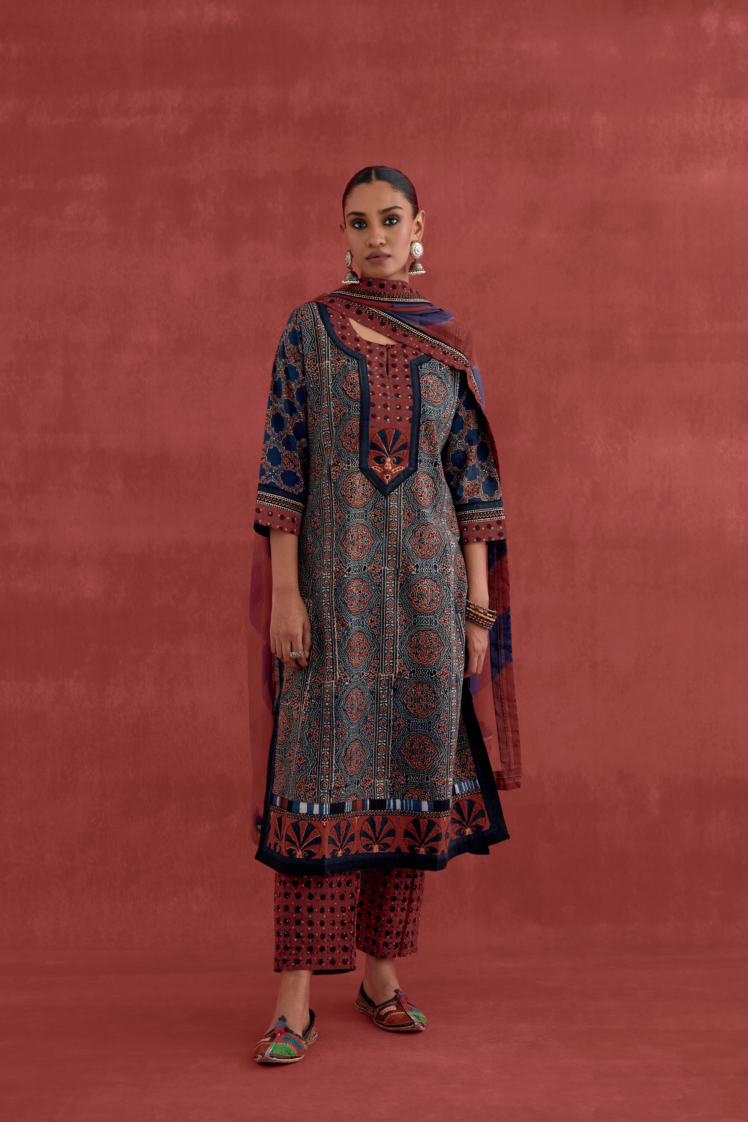 Miran Cotton Ajrakh Block Printed Kurta Blue Maroon (10049050411307)
