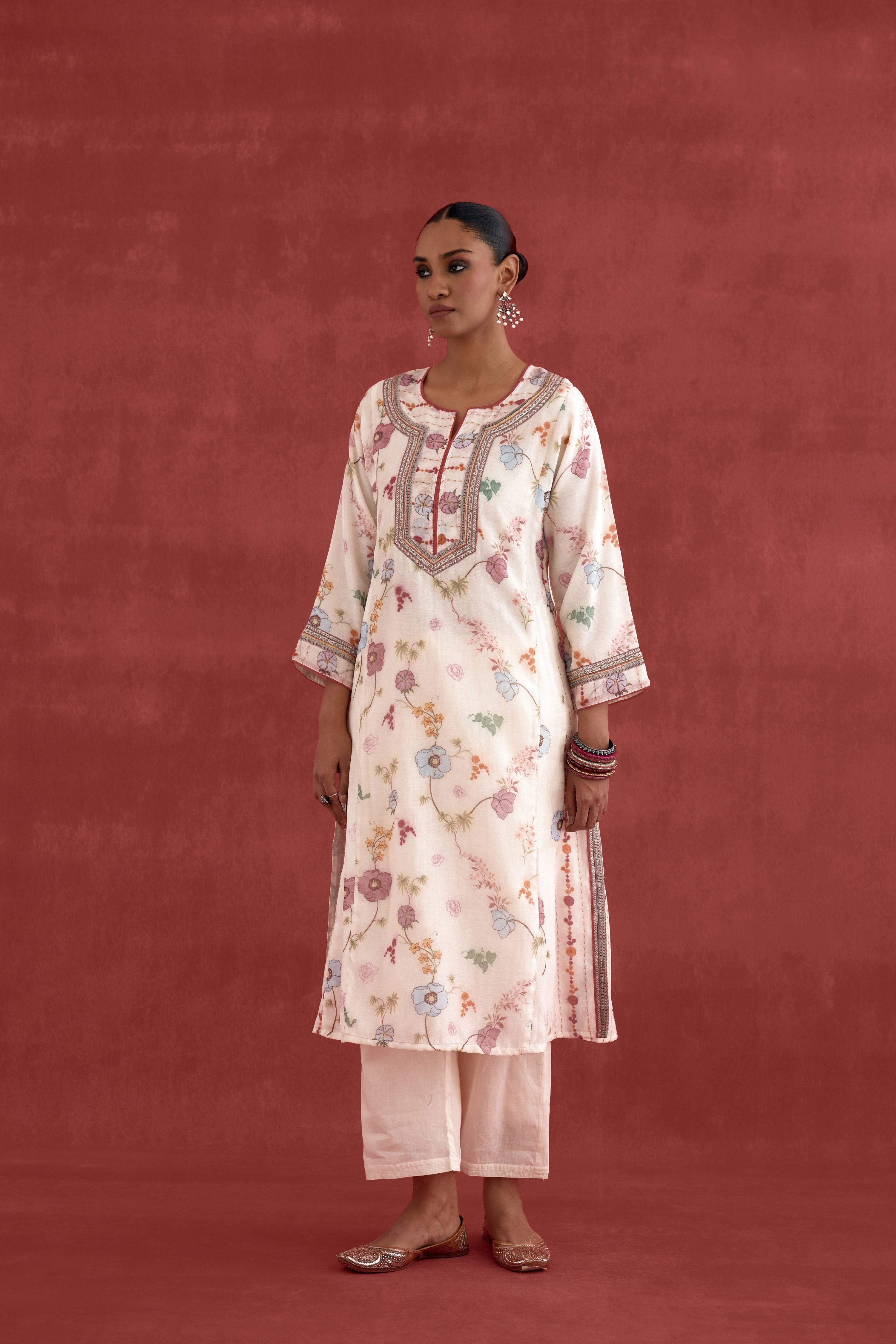 Adya Mul Chanderi Printed Kurta Cream Pink (10039409901867)