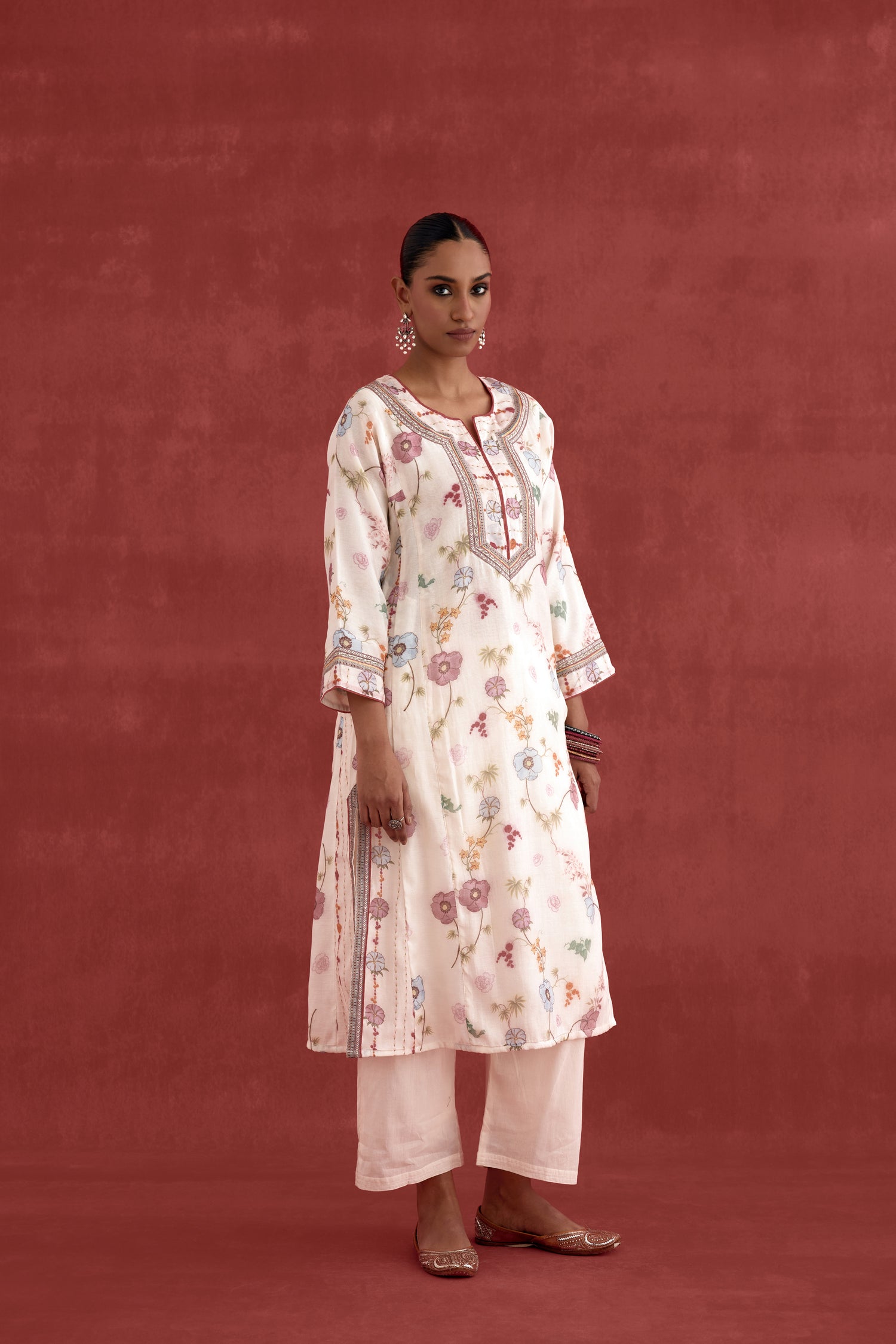 Adya Mul Chanderi Printed Kurta Cream Pink (10039409901867)