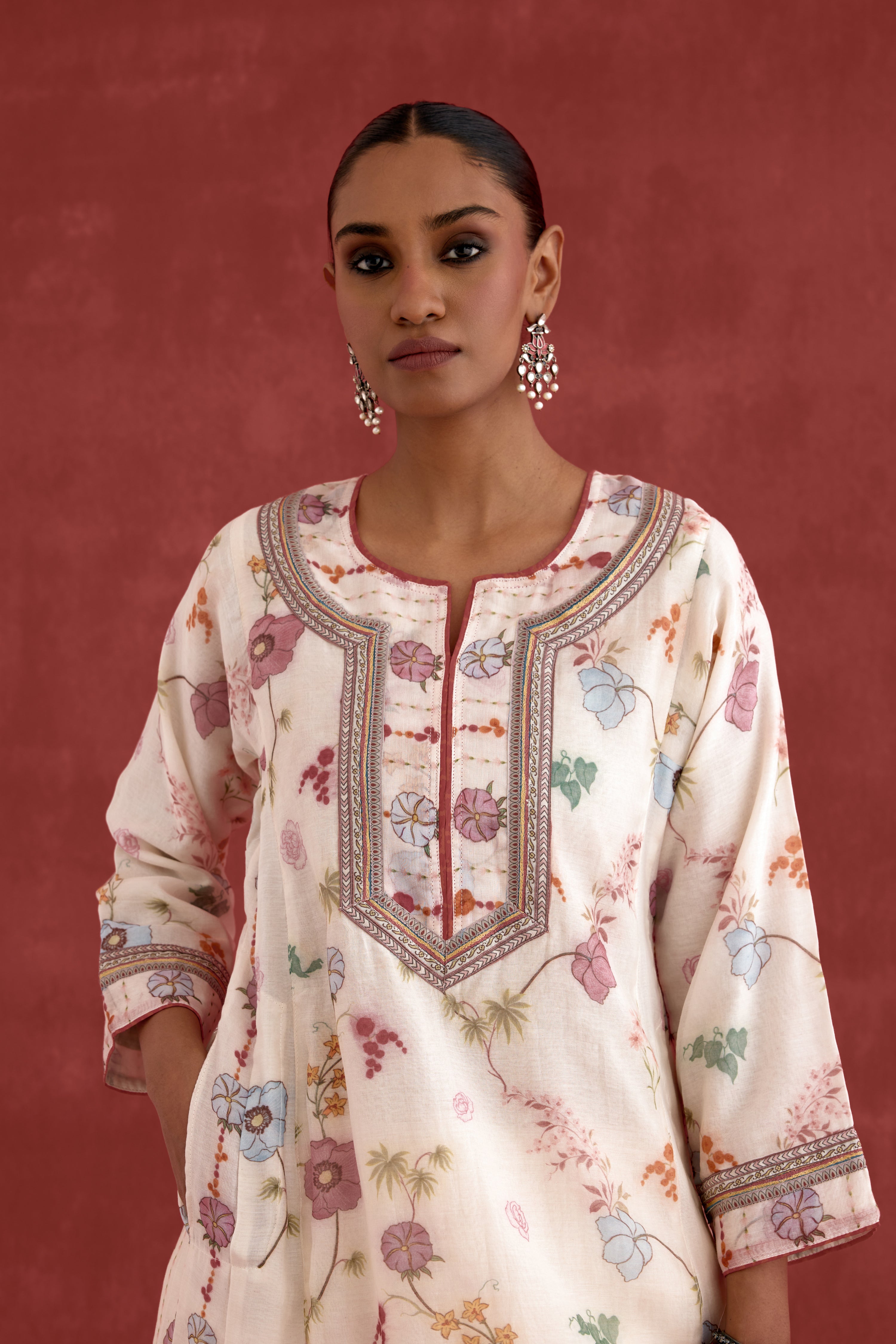 Adya Mul Chanderi Printed Kurta Cream Pink (10039409901867)