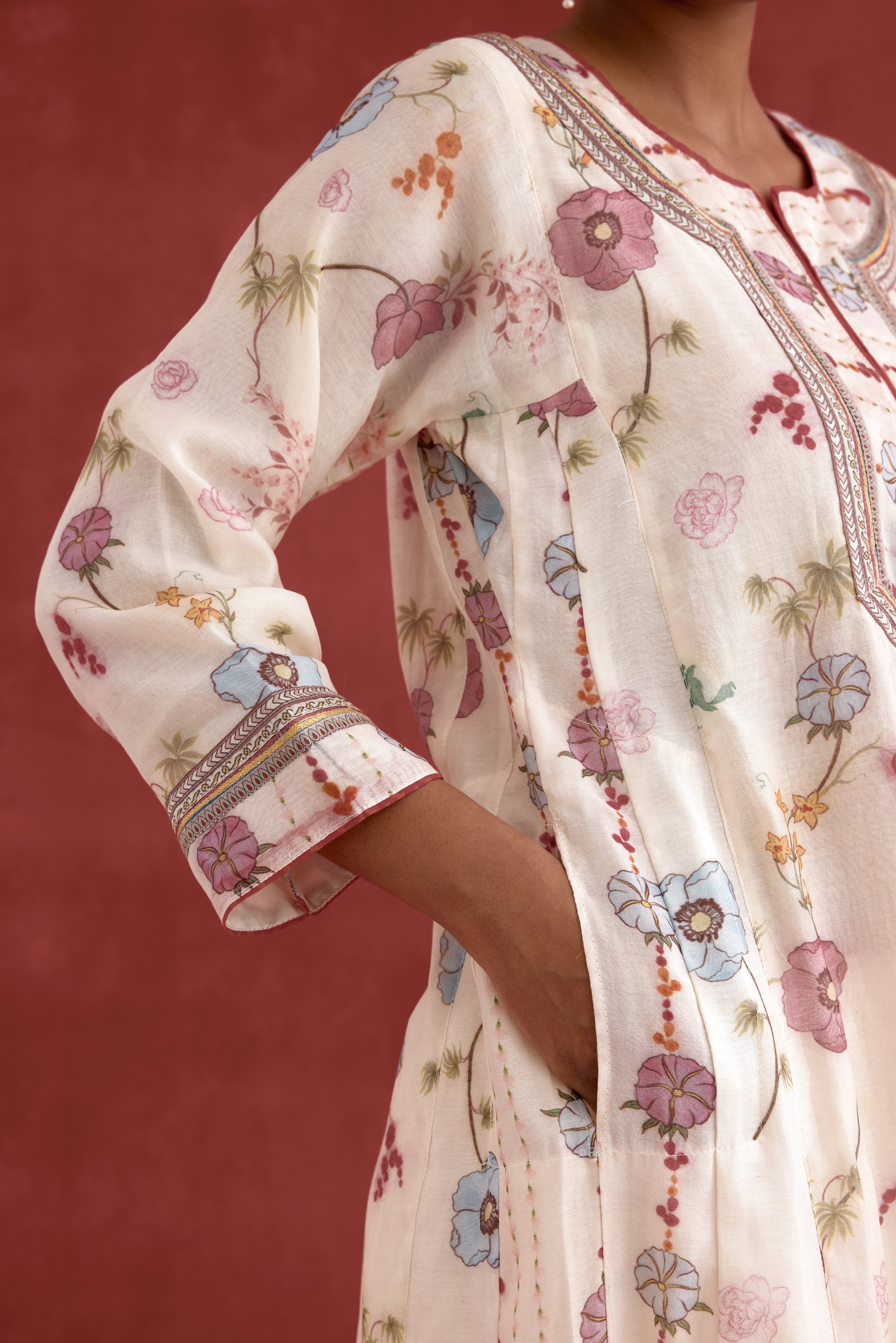 Adya Mul Chanderi Printed Kurta Cream Pink (10039409901867)