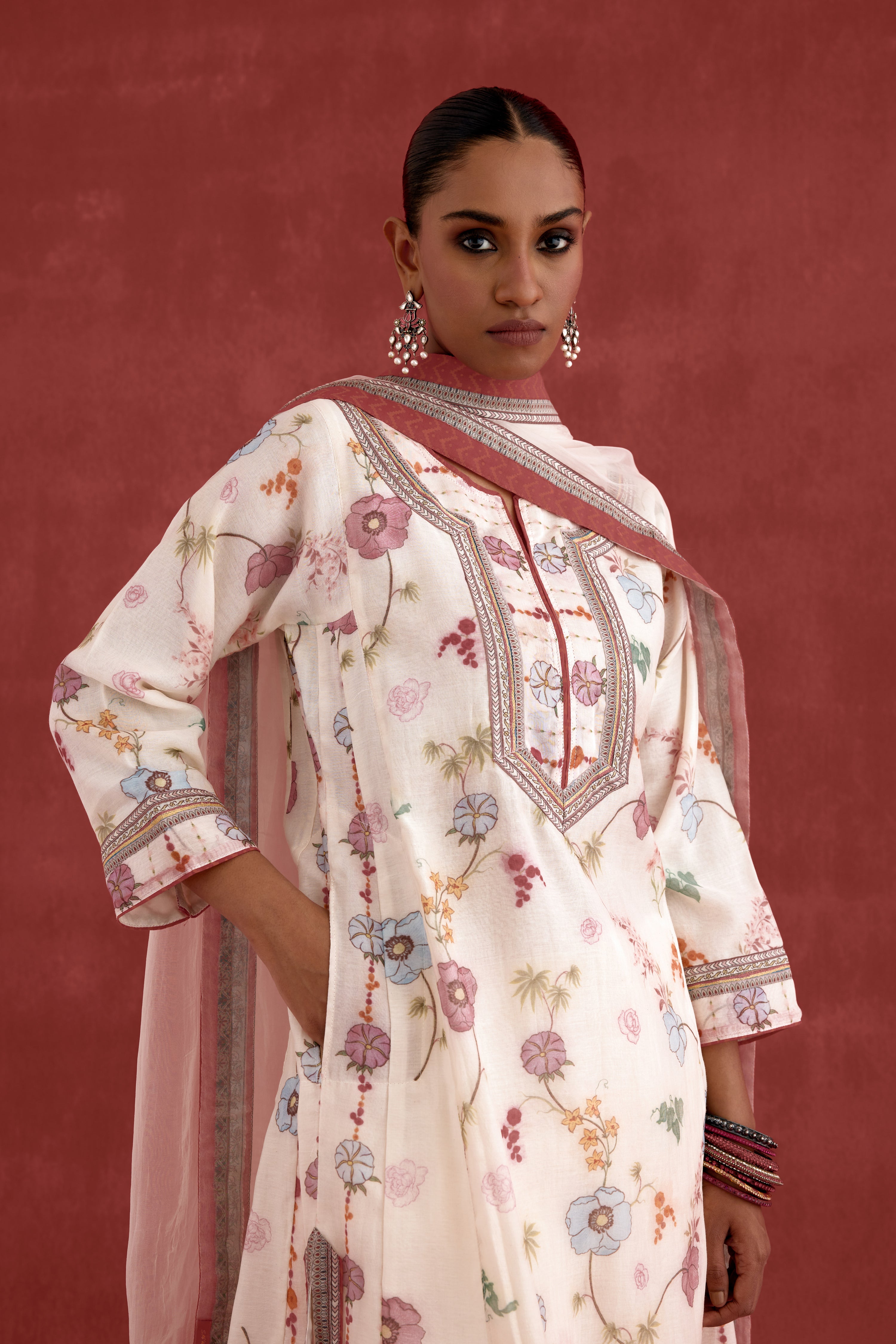 Adya Mul Chanderi Printed Kurta Cream Pink (10039409901867)