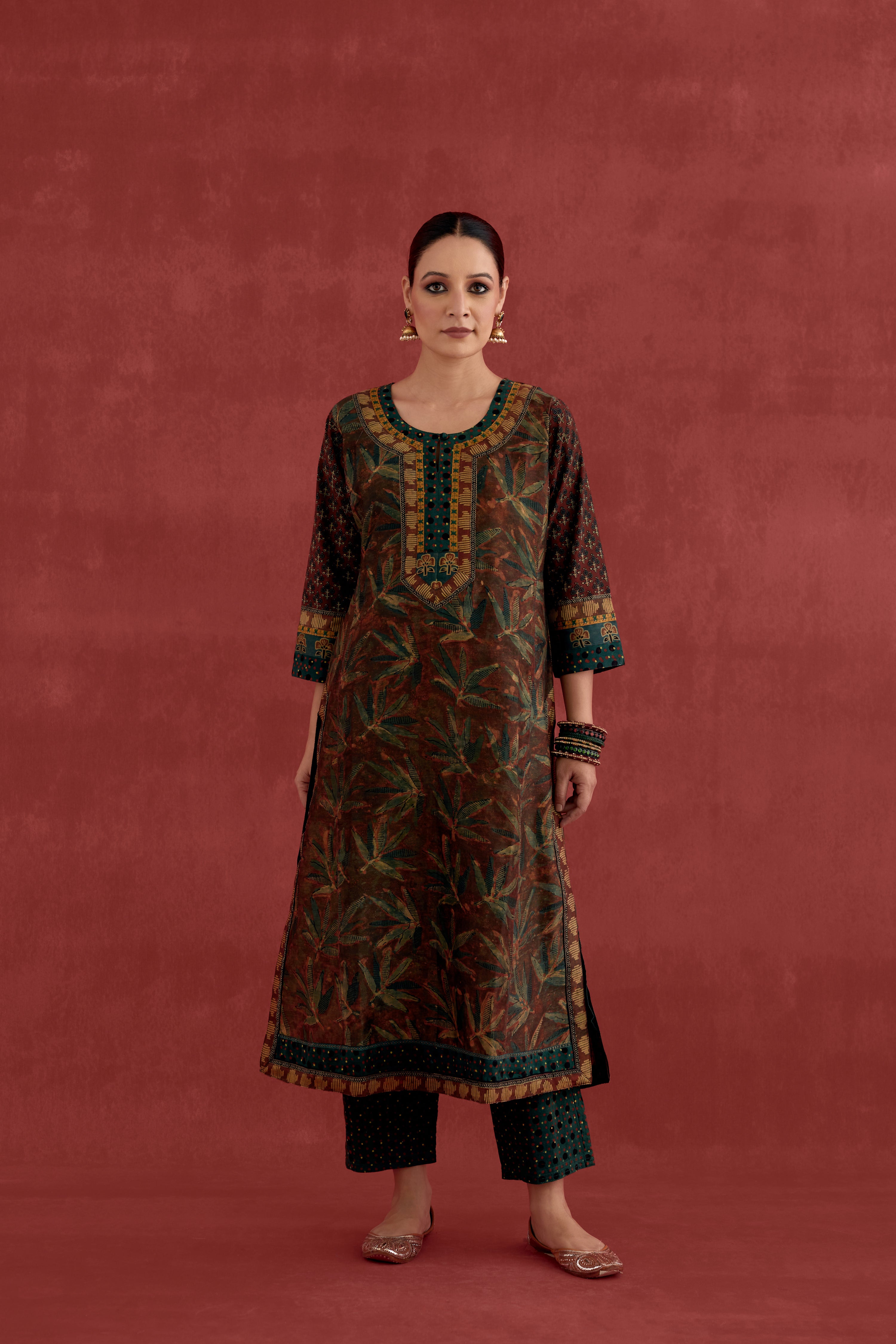 Rozana Chanderi Vanaspati Block Printed  Kurta Rust Green (10039555883307)