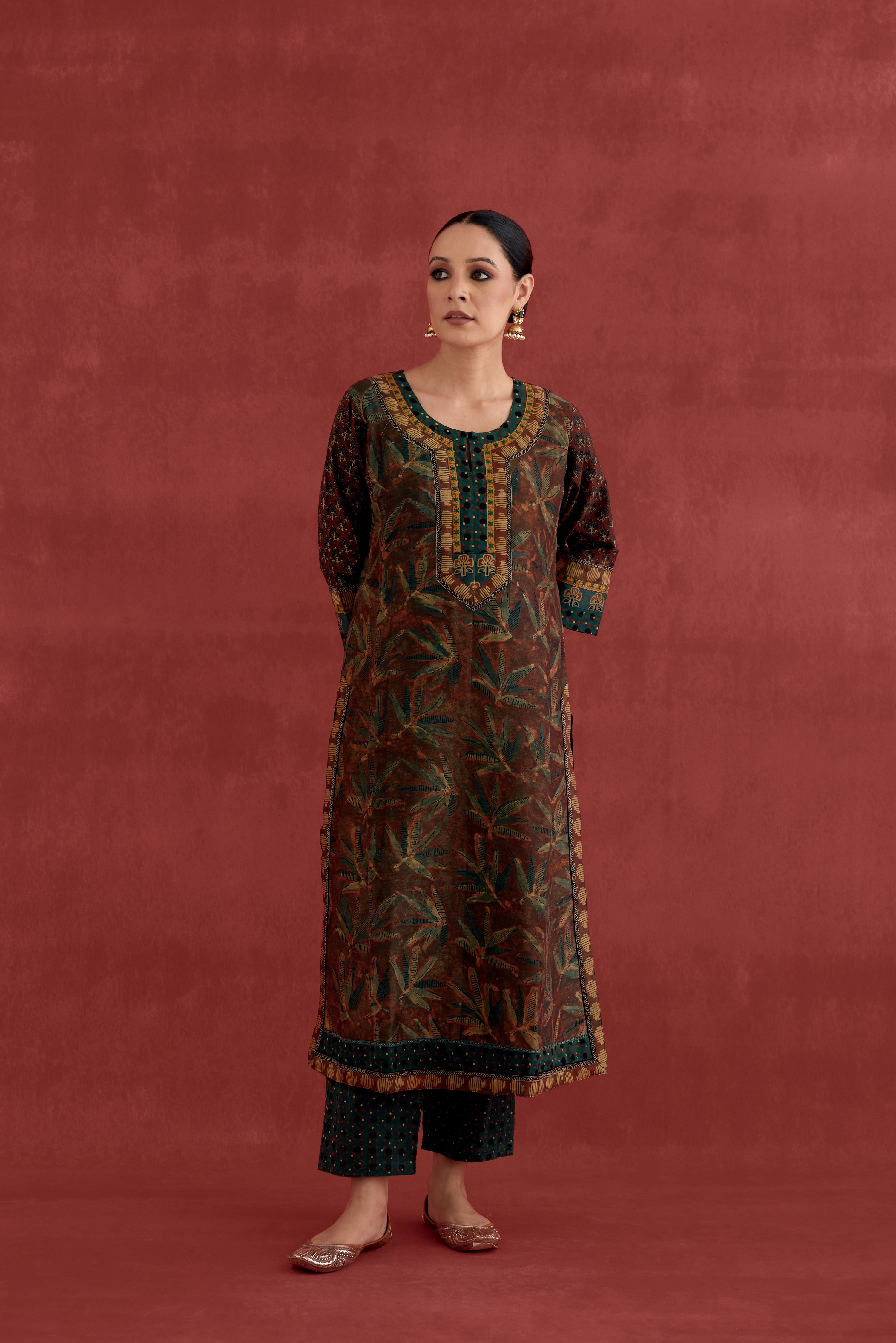 Rozana Chanderi Vanaspati Block Printed  Kurta Rust Green (10039555883307)