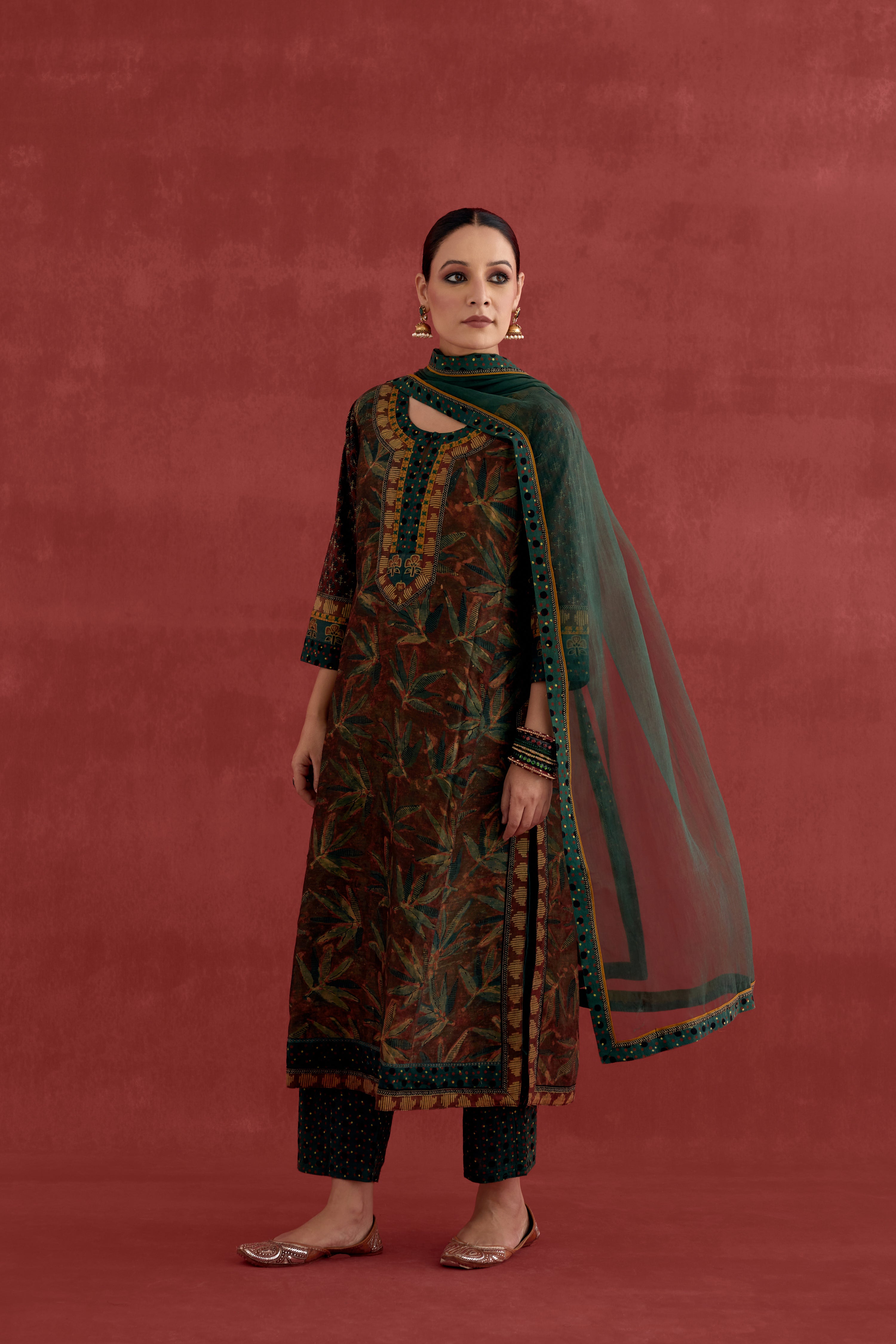 Rozana Chanderi Vanaspati Block Printed  Kurta Rust Green (10039555883307)