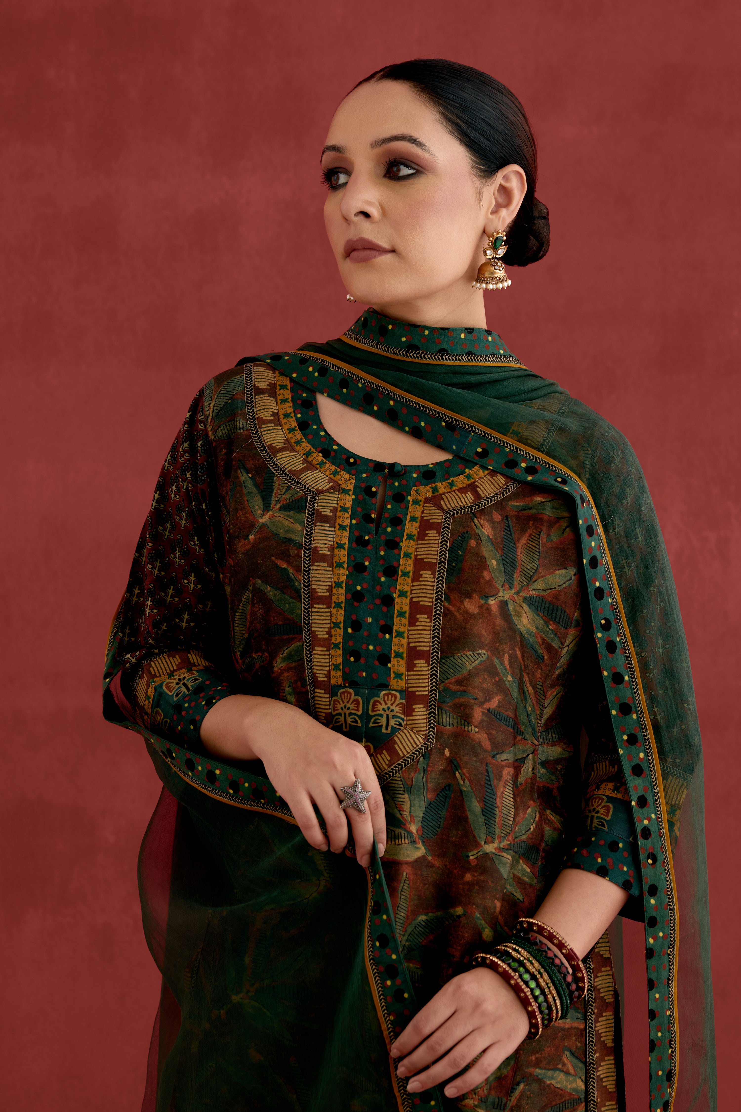 Rozana Chanderi Vanaspati Block Printed  Kurta Rust Green (10039555883307)