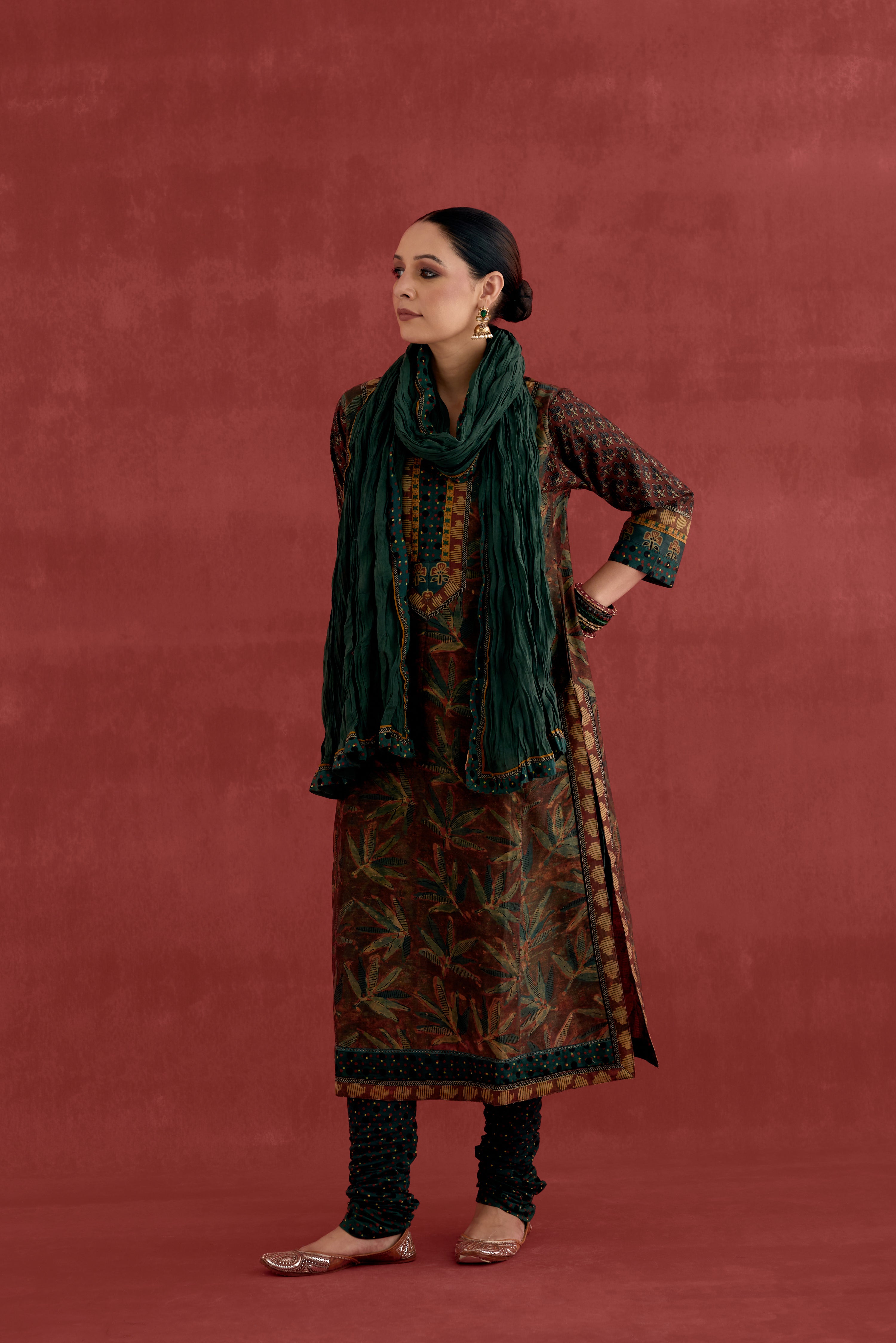 Rozana Chanderi Vanaspati Block Printed  Kurta Rust Green (10039555883307)