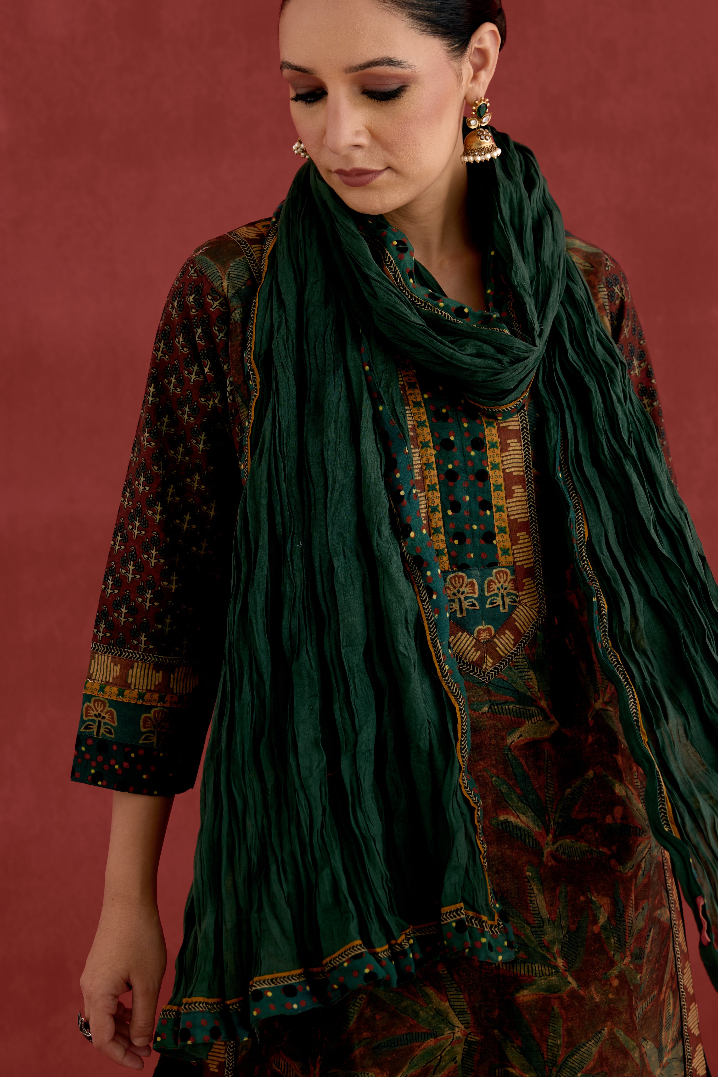Rozana Chanderi Vanaspati Block Printed  Kurta Rust Green (10039555883307)