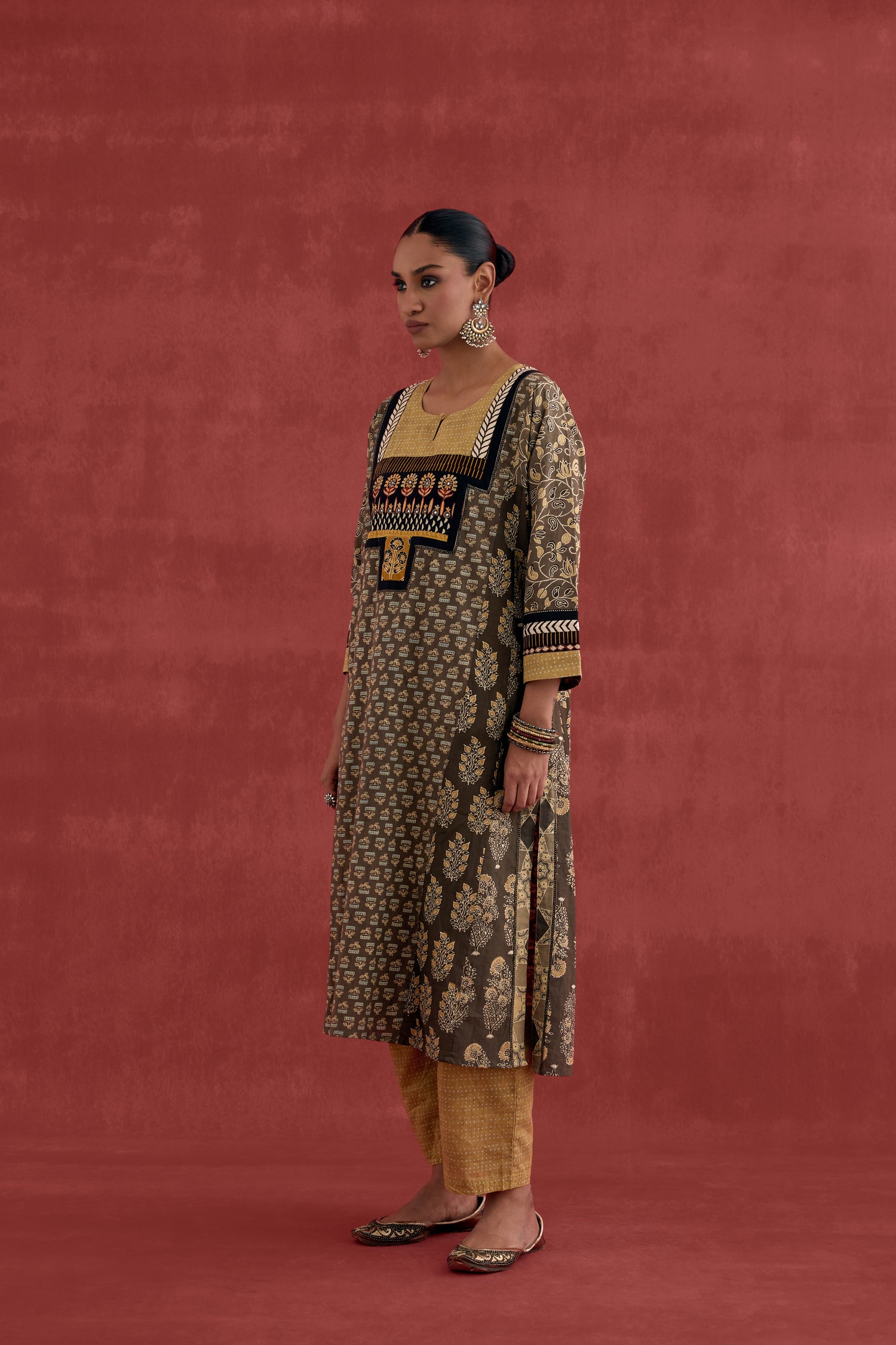 Adya Cotton Ajrakh Block Printed Kurta Grey Ochre (10039425007915)