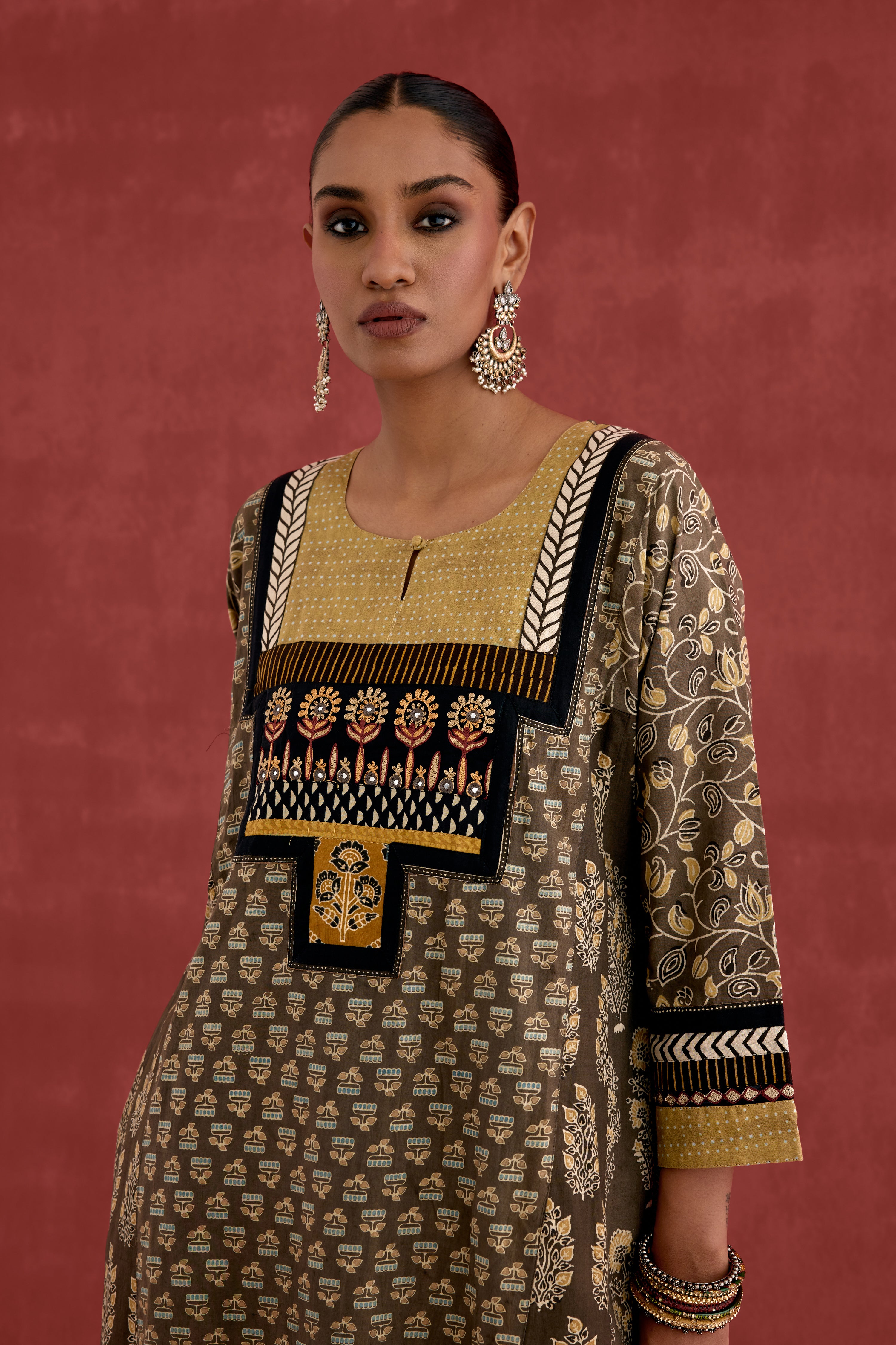 Adya Cotton Ajrakh Block Printed Kurta Grey Ochre (10039425007915)