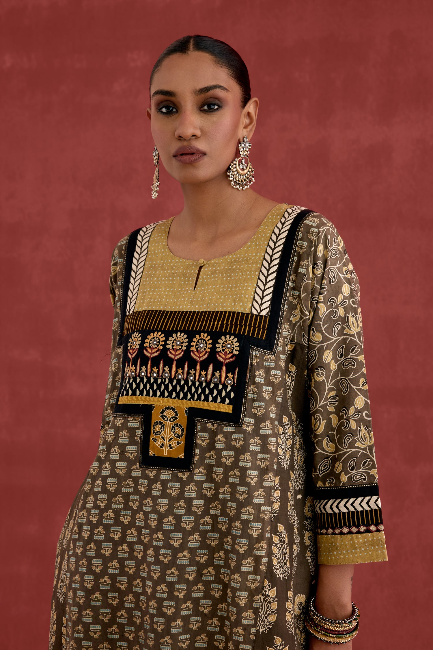 Adya Cotton Ajrakh Block Printed Kurta Grey Ochre (10039425007915)