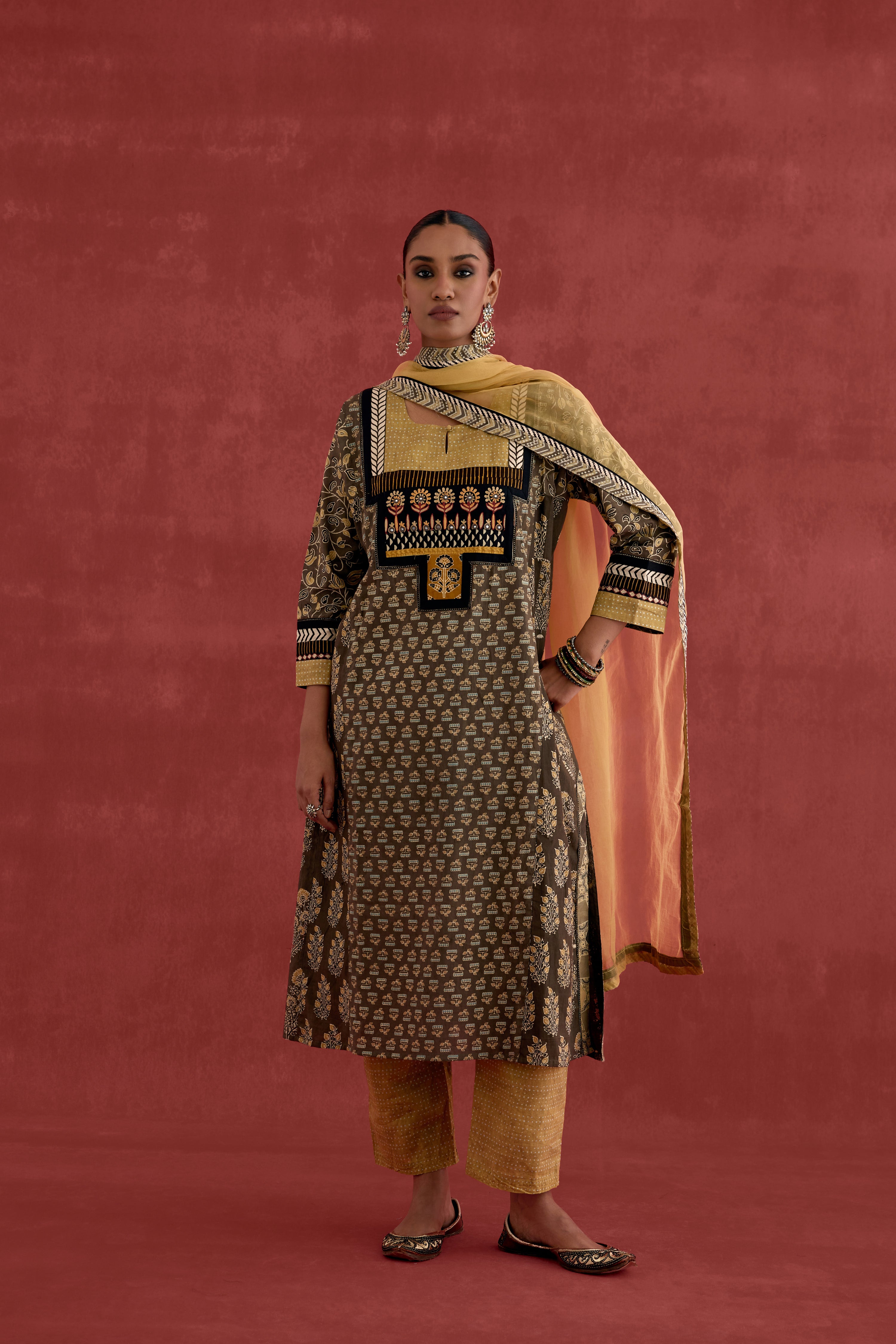Adya Cotton Ajrakh Block Printed Kurta Grey Ochre (10039425007915)