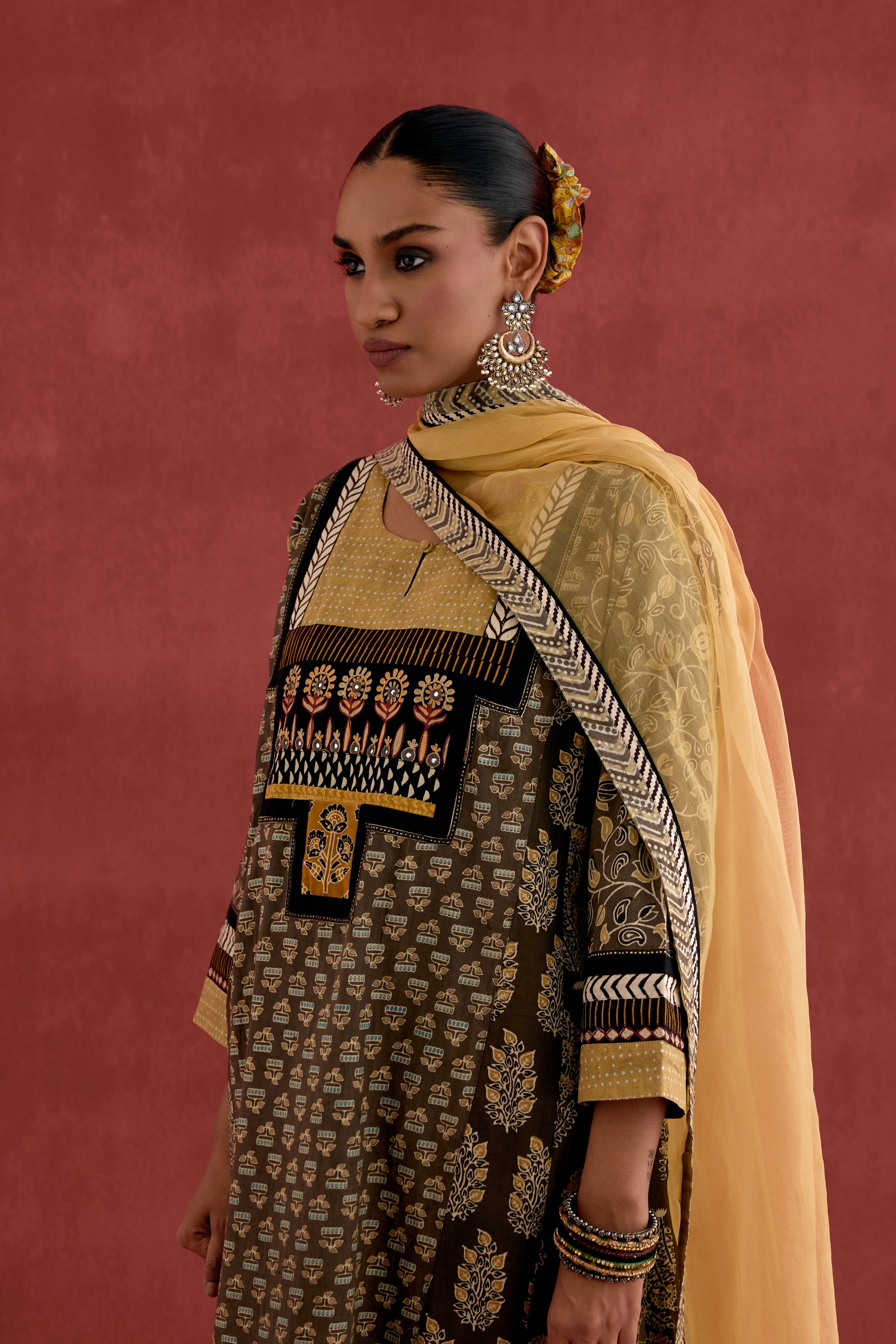Adya Cotton Ajrakh Block Printed Kurta Grey Ochre (10039425007915)