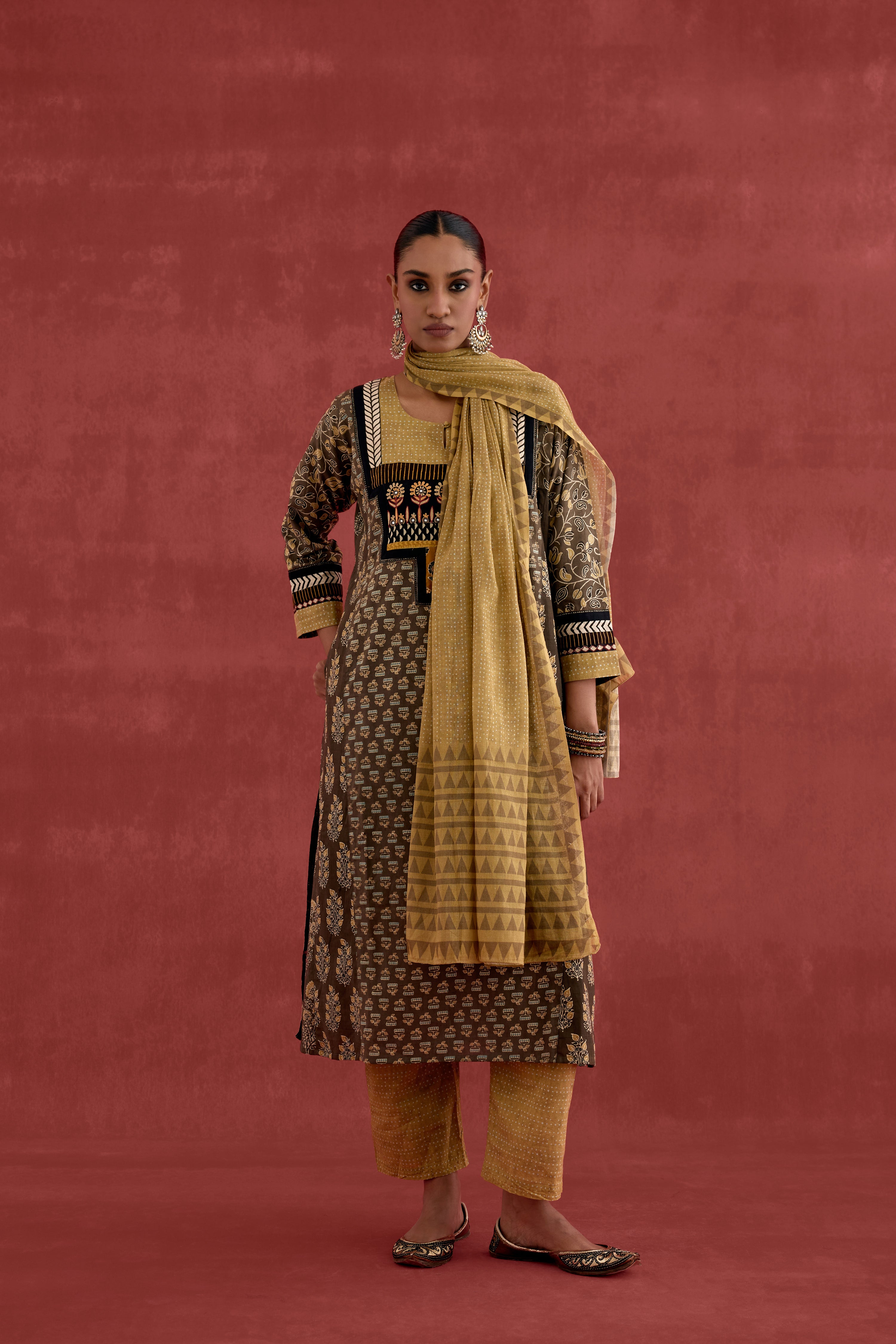 Adya Cotton Ajrakh Block Printed Kurta Grey Ochre (10039425007915)