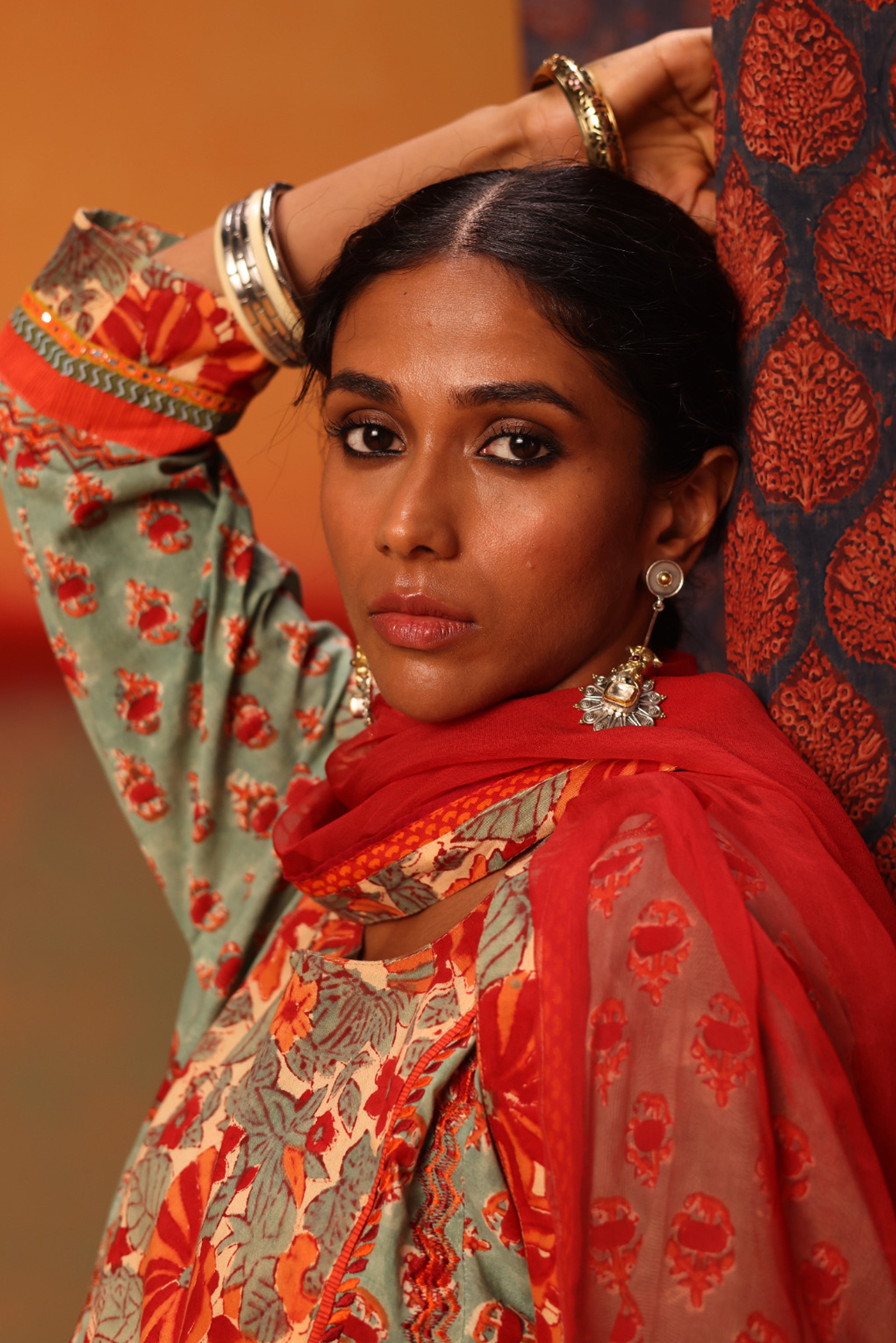 Rozana Hand Embroidered Cotton Block Printed Kurta Light Turquoise Red (10040346411307)