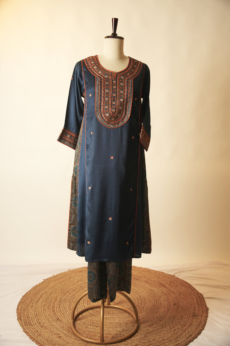 Tulsi Embroidered Modal Silk Kurta Blue