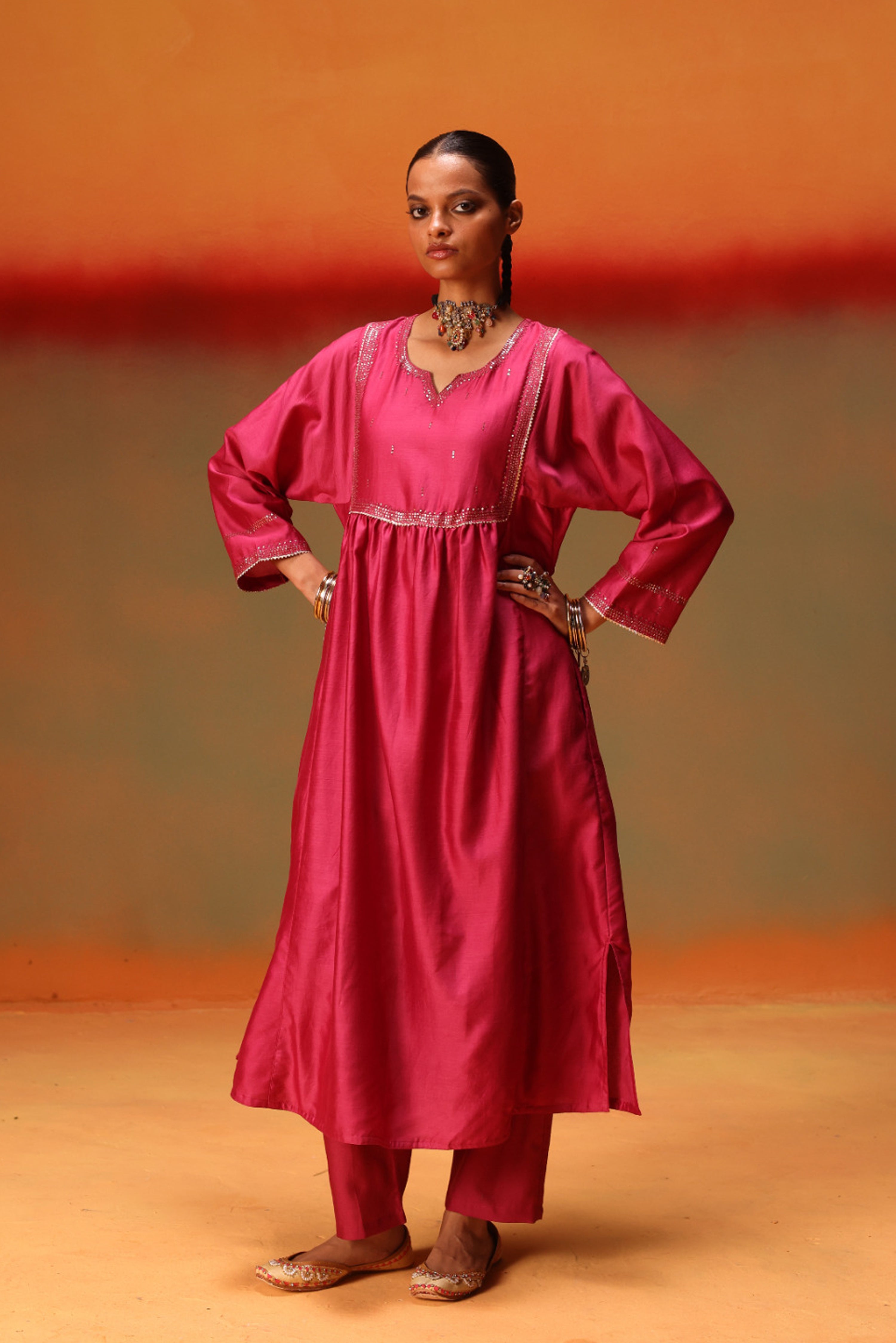 Meera Embroidered Chanderi Kurta Magenta (10039785718059)