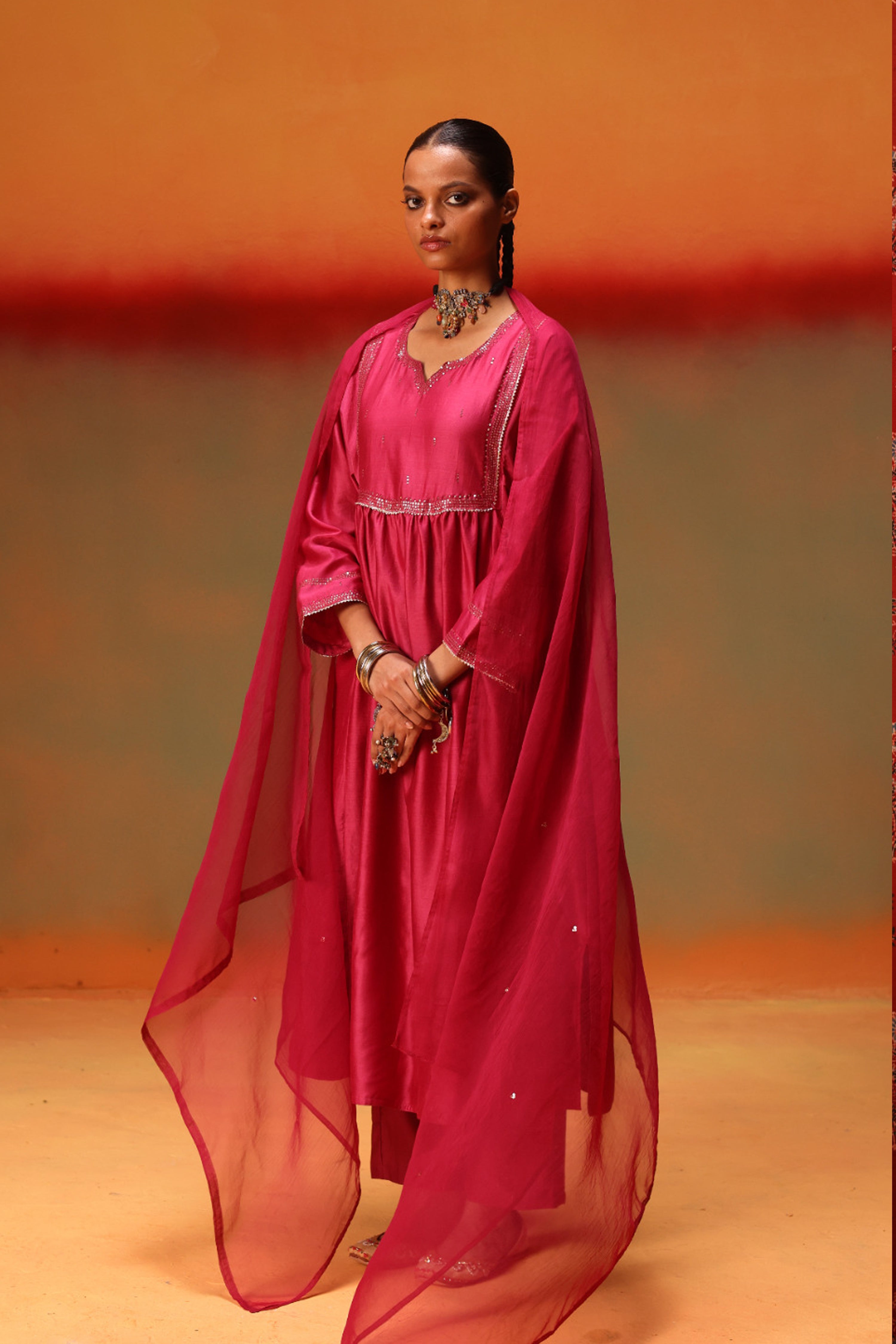 Meera Embroidered Chanderi Kurta Magenta (10039785718059)