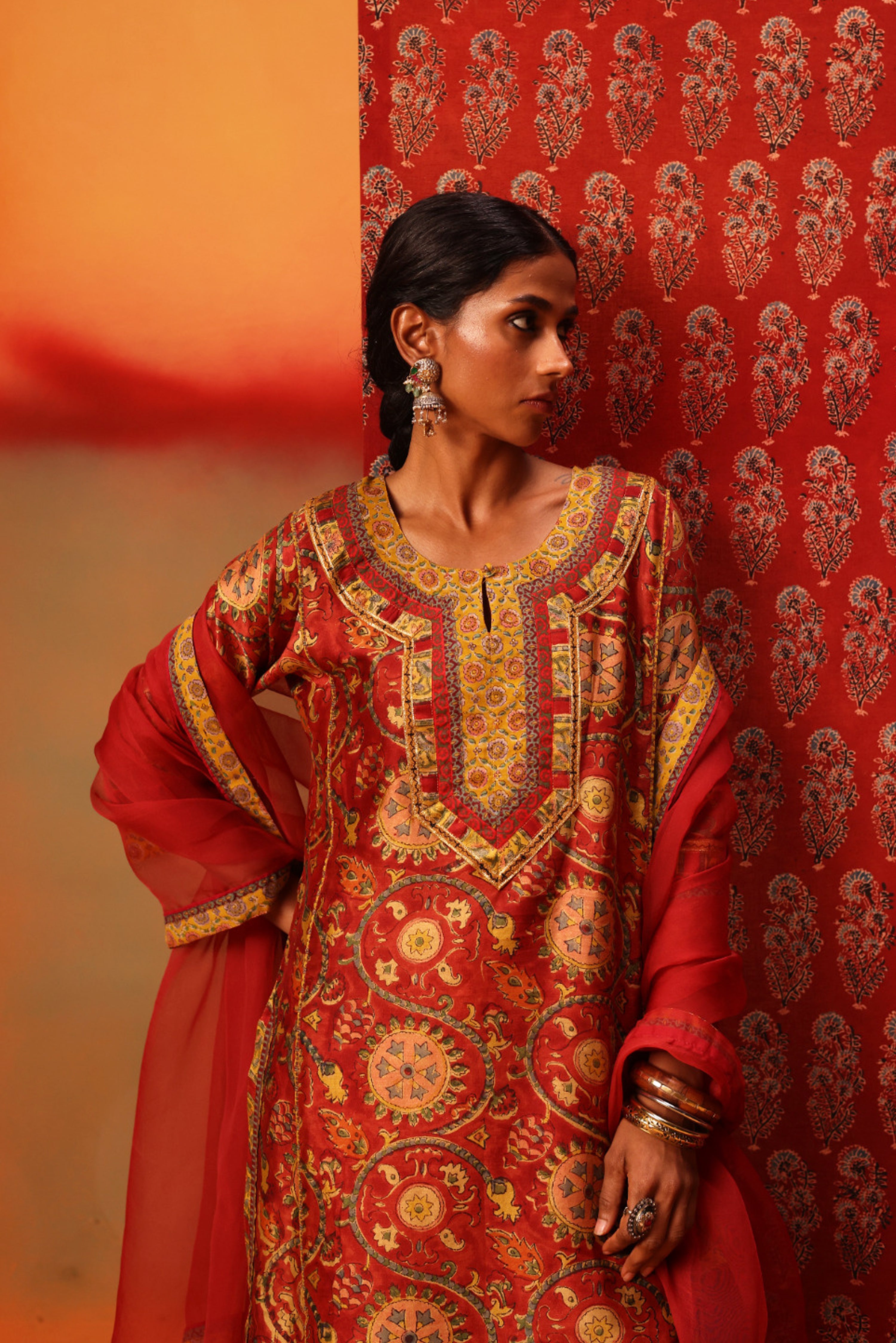 Rozana Chanderi Vanaspati Block Printed Kurta Red Yellow (10039696359723)