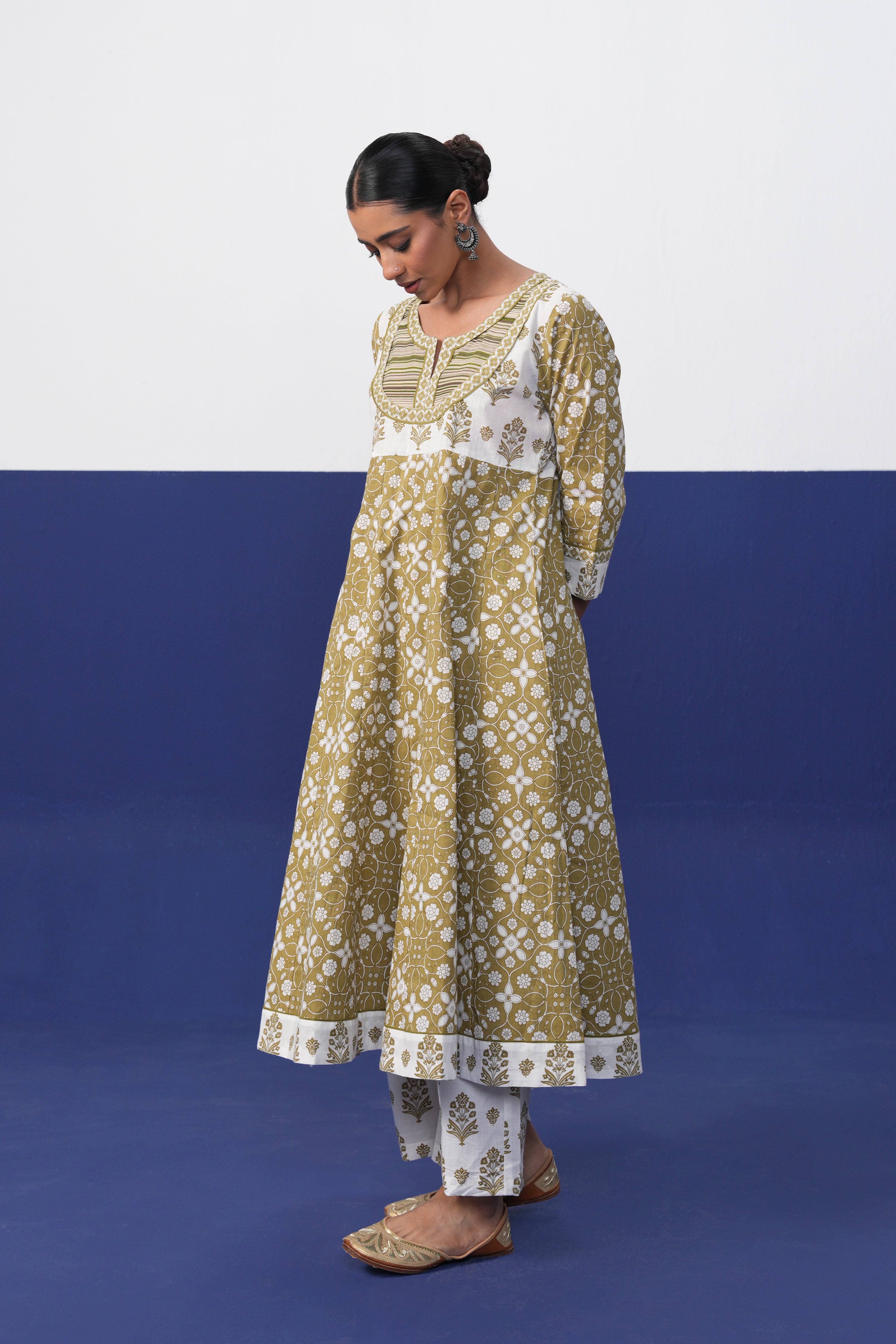 Anarkali Cotton Printed Kurta Olive Green