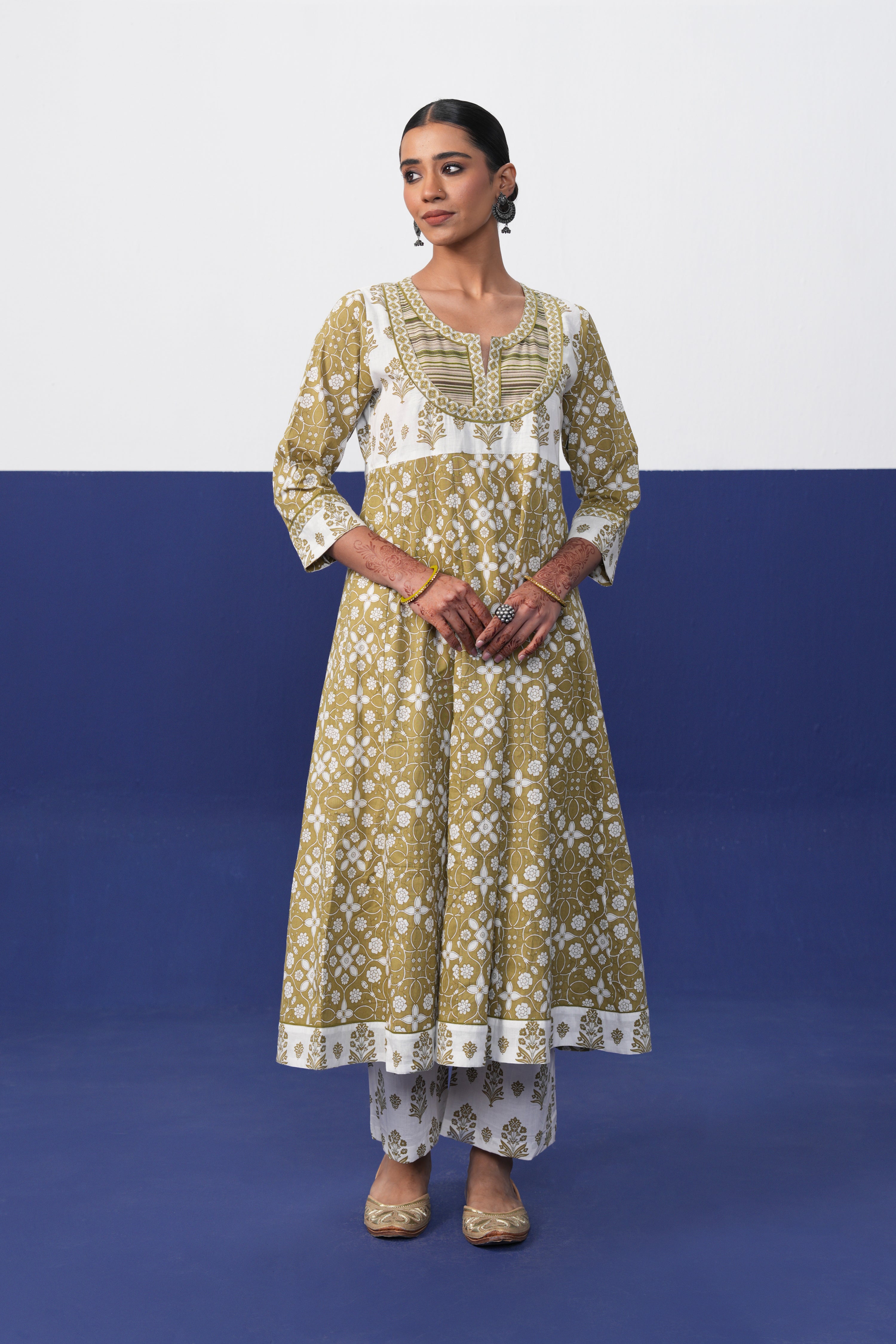 Anarkali Cotton Printed Kurta Olive Green