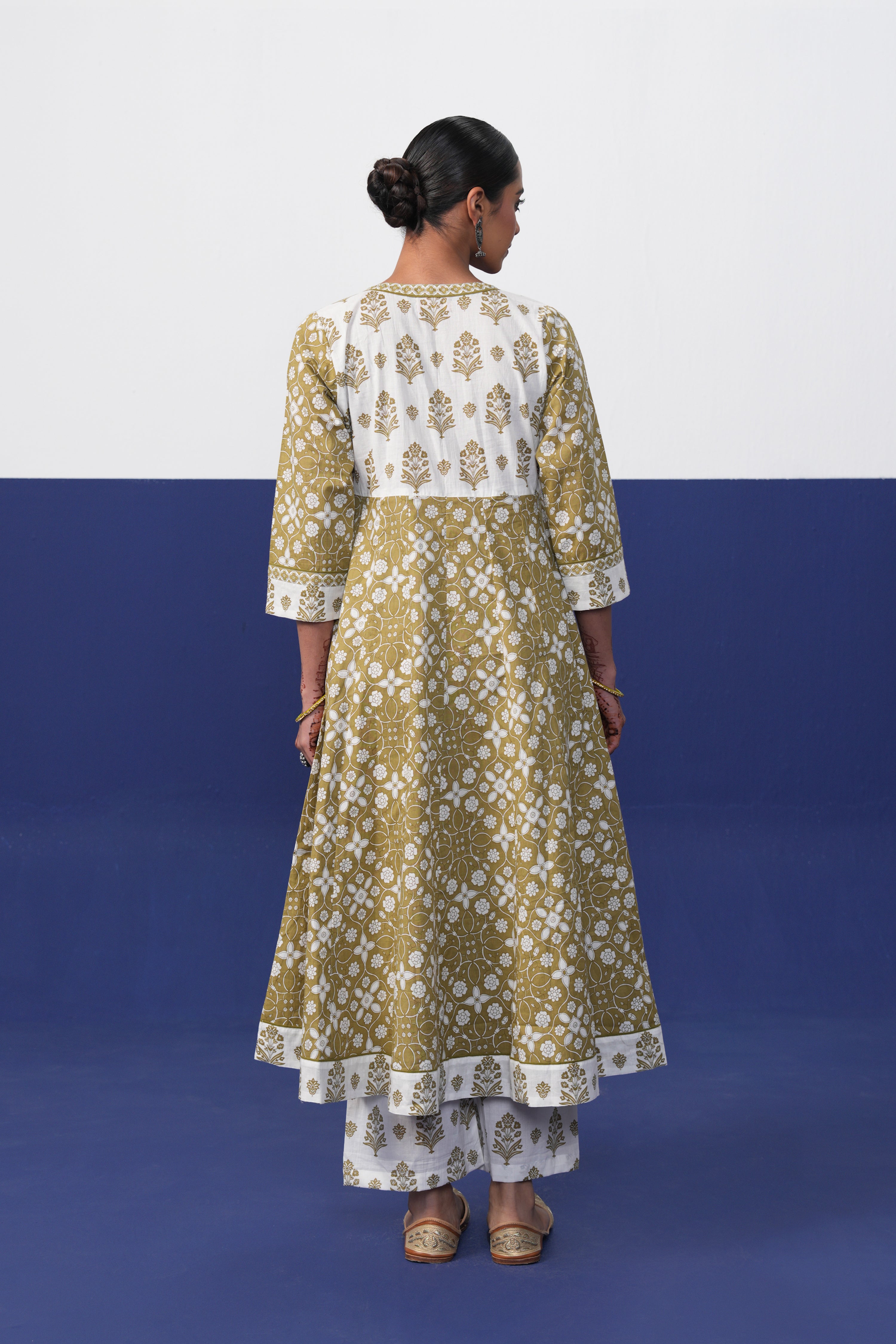 Anarkali Cotton Printed Kurta Olive Green