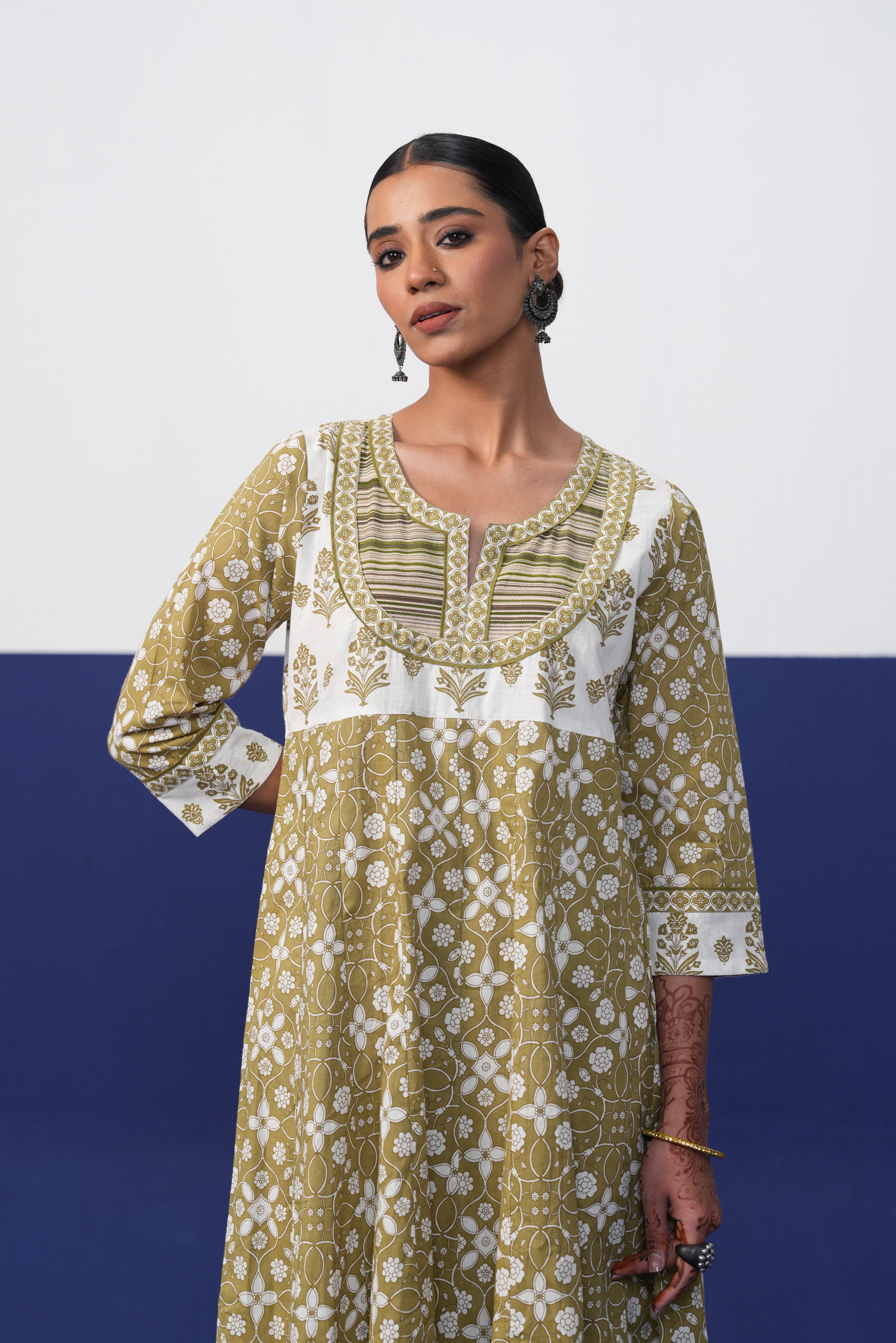 Anarkali Cotton Printed Kurta Olive Green