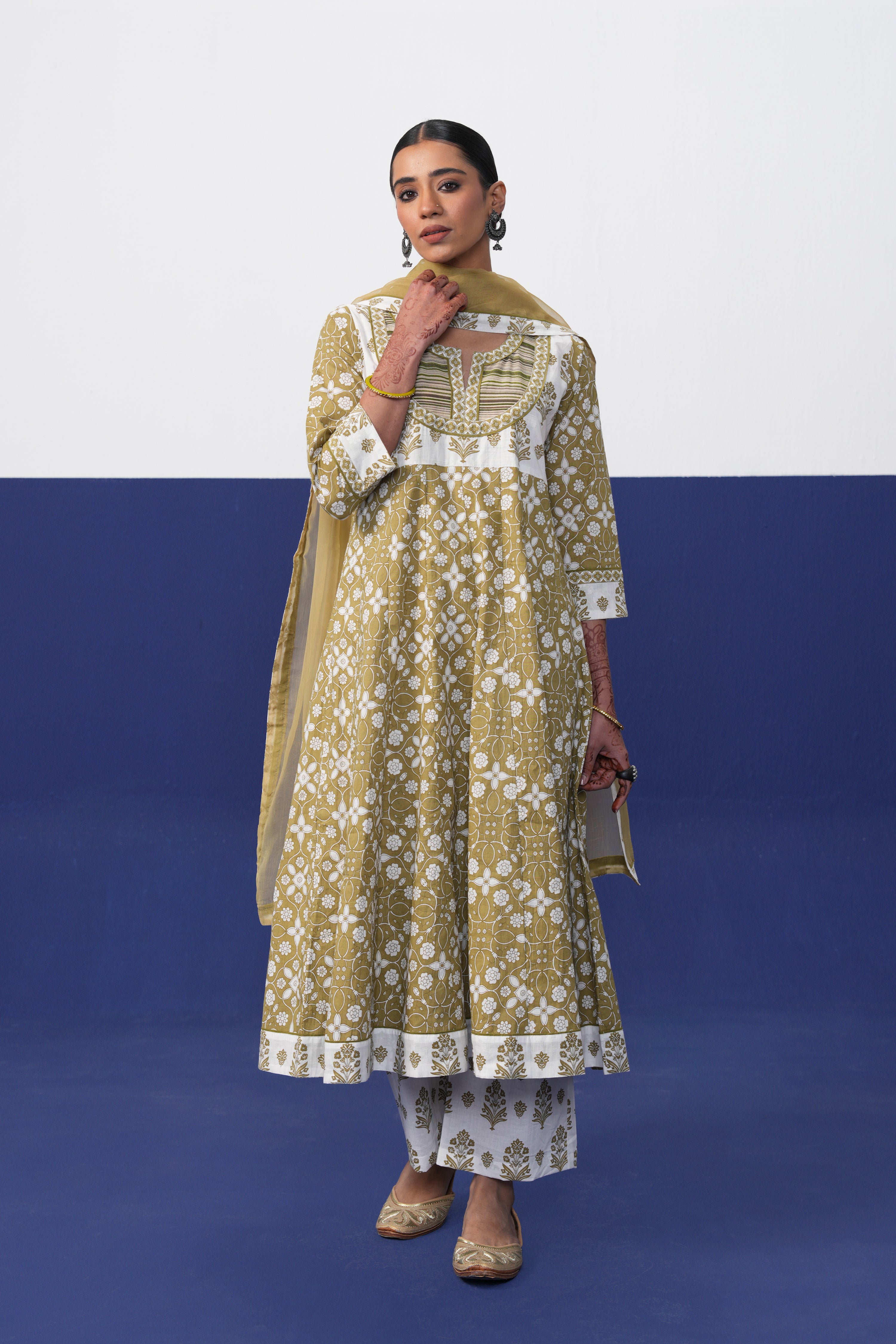 Anarkali Cotton Printed Kurta Olive Green