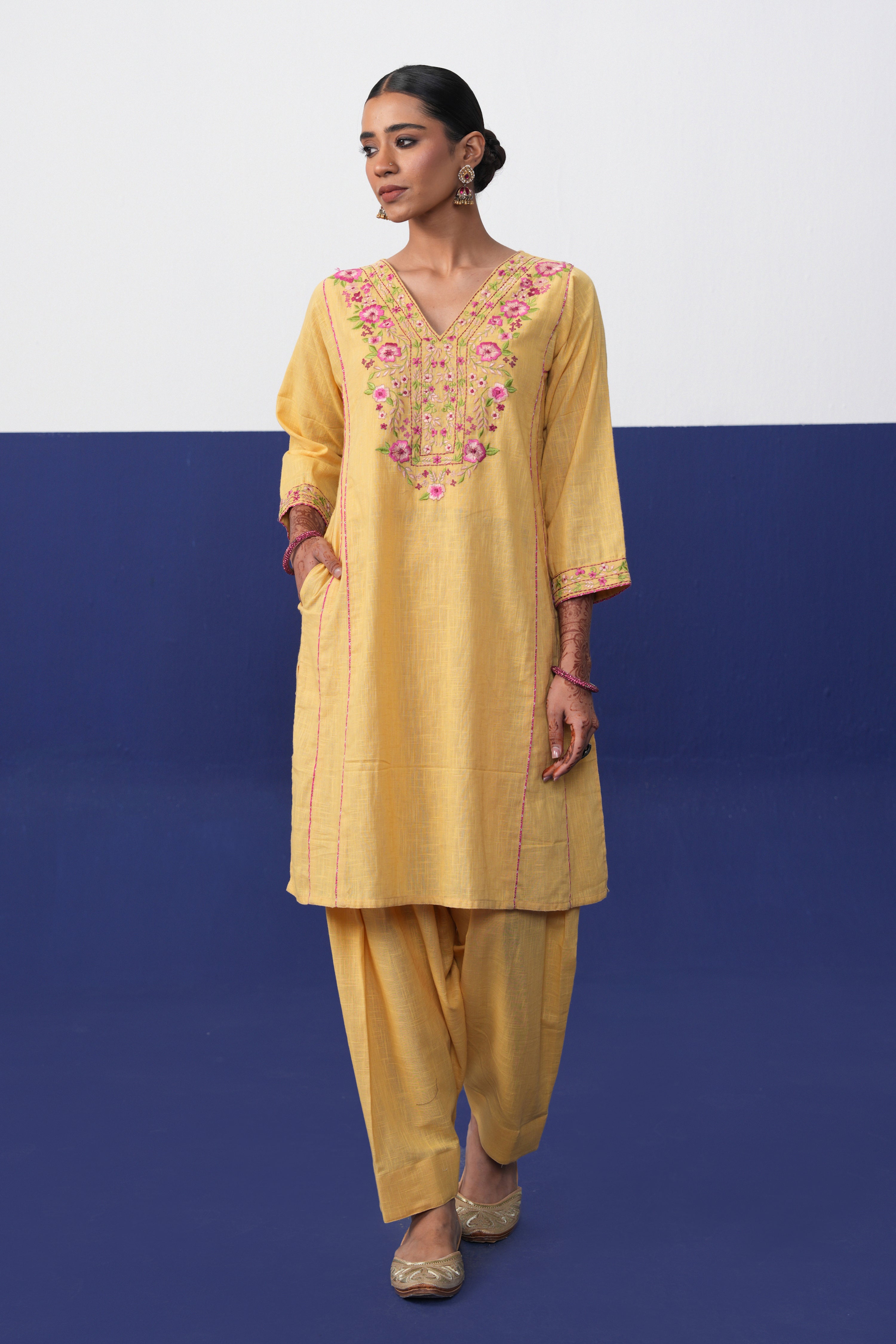 Tulsi Cotton Slub Embroidered Co-ord Set Yellow (Set of 2)
