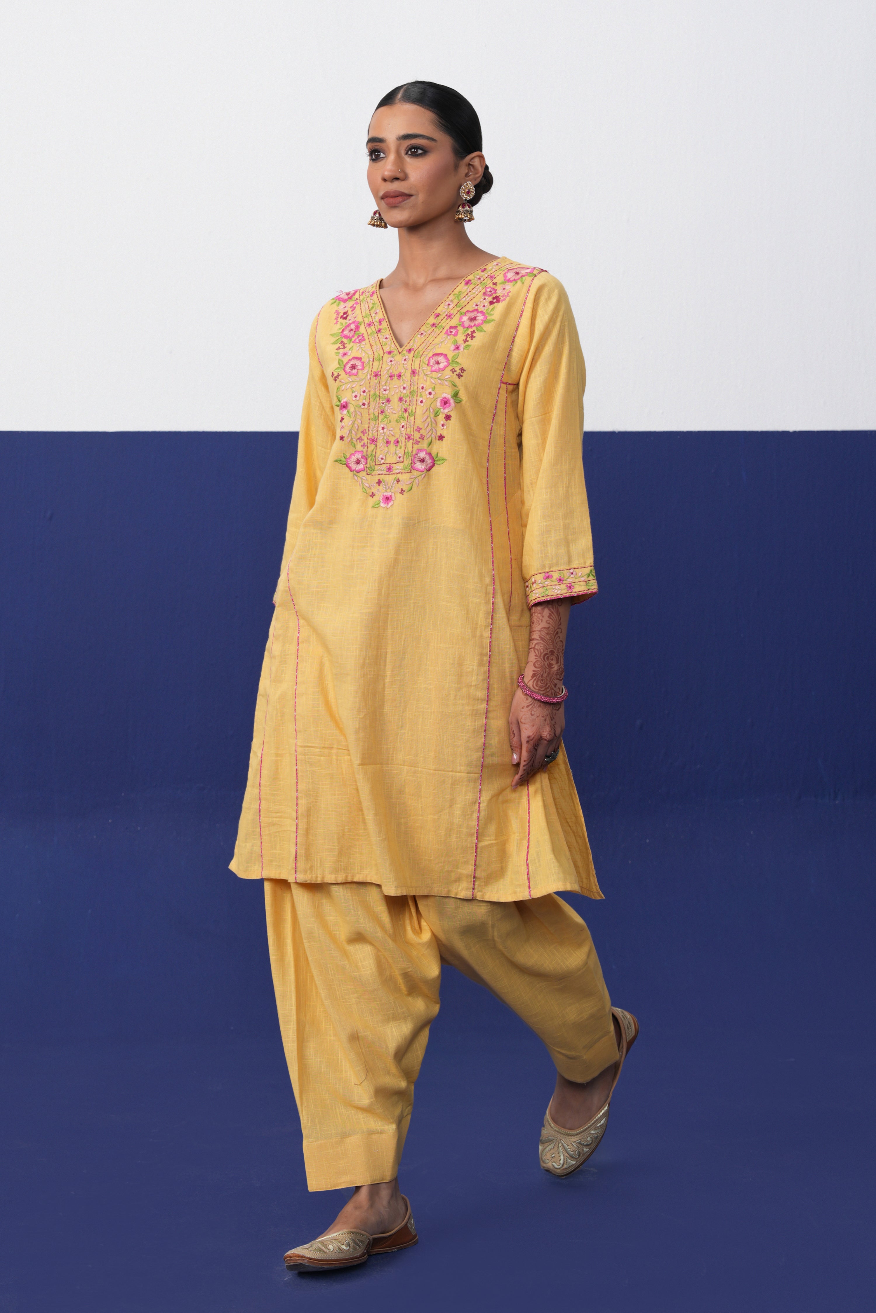 Tulsi Cotton Slub Embroidered Co-ord Set Yellow (Set of 2)