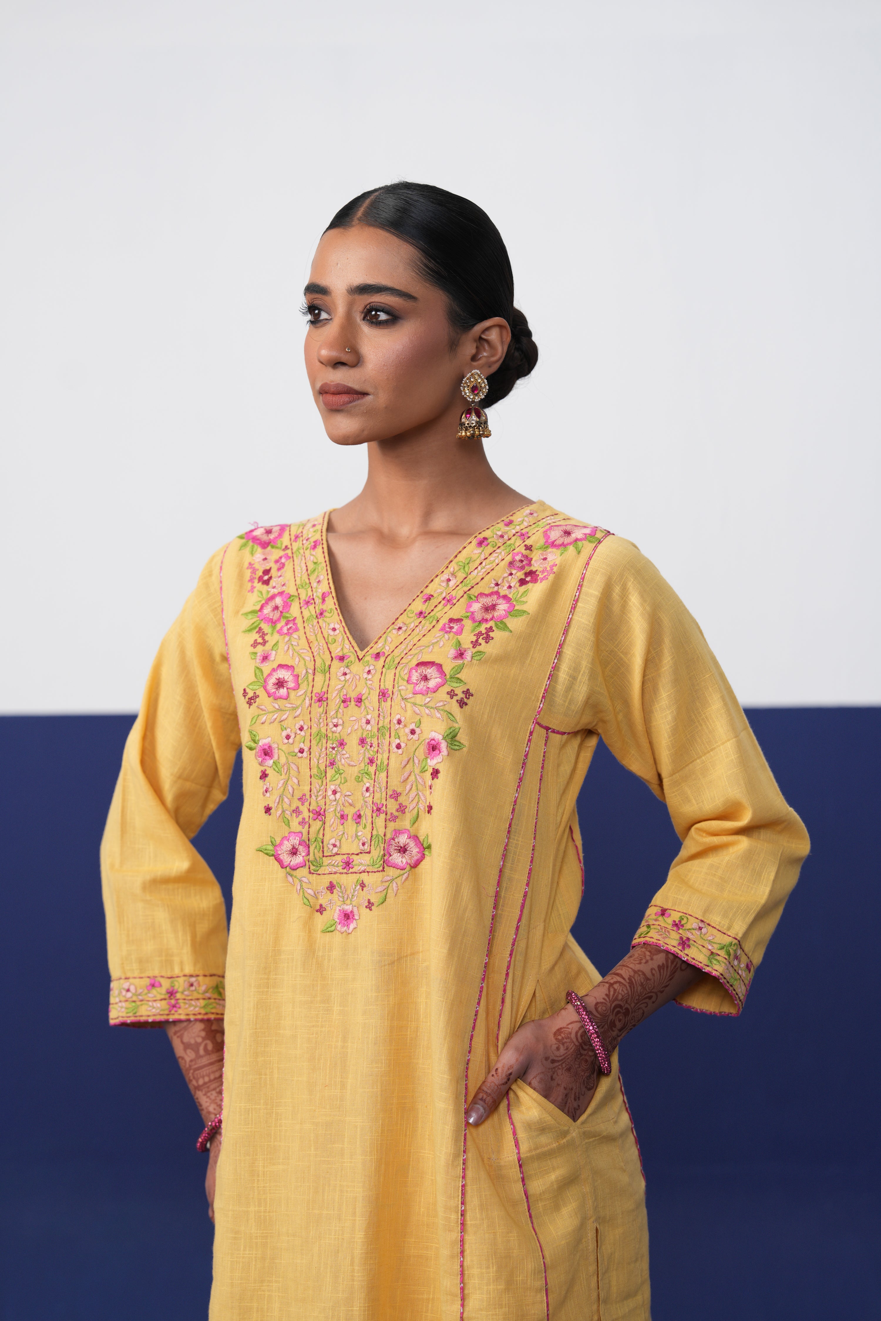 Tulsi Cotton Slub Embroidered Co-ord Set Yellow (Set of 2)