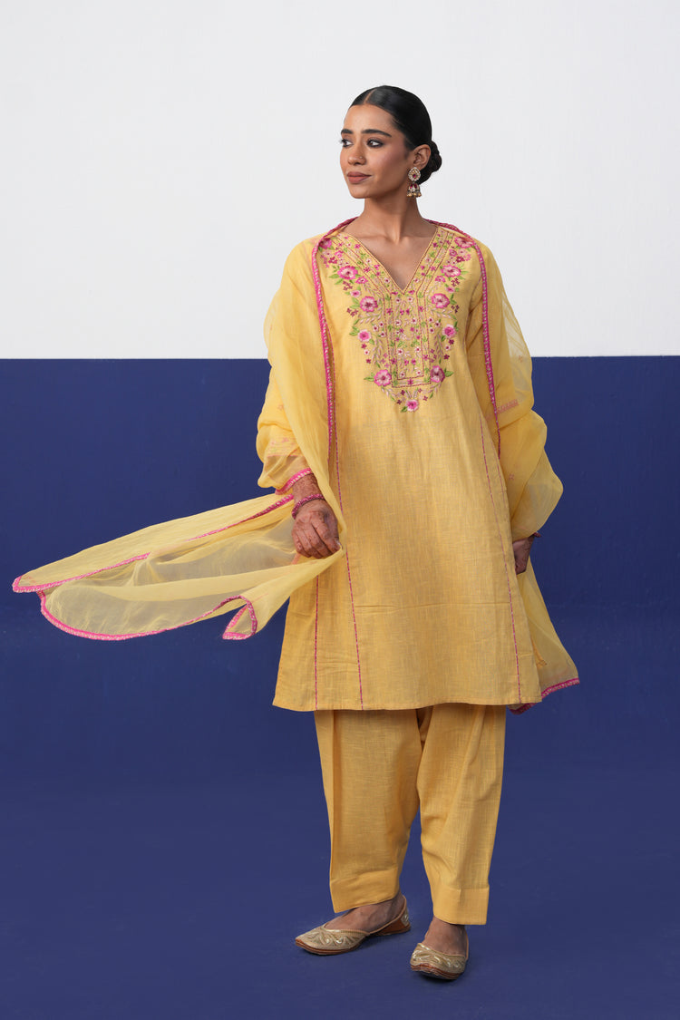 Tulsi Cotton Slub Embroidered Co-ord Set Yellow (Set of 2)