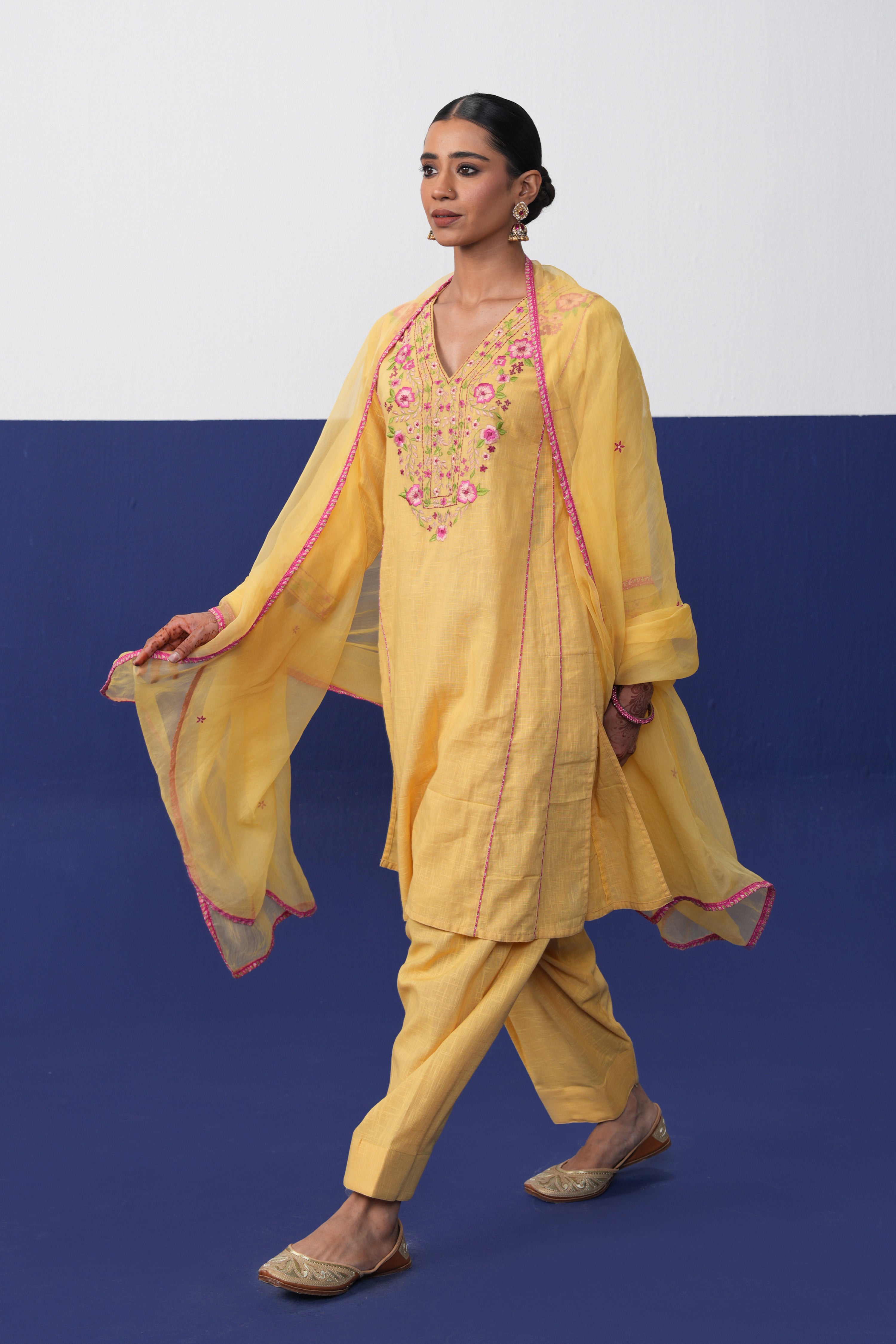 Tulsi Cotton Slub Embroidered Co-ord Set Yellow (Set of 2)