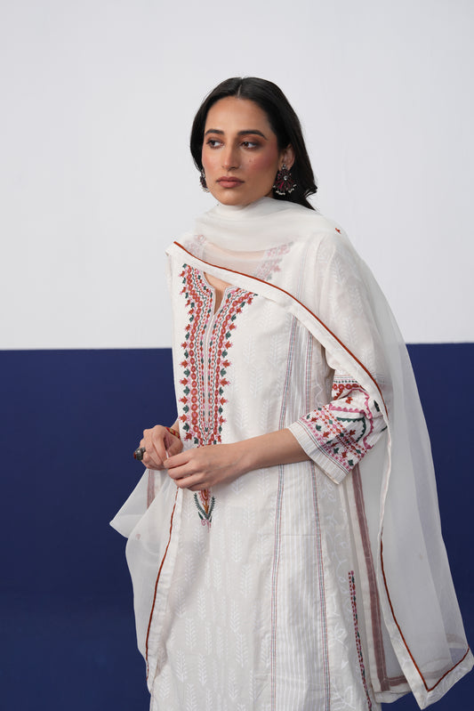 Tulsi Cotton Embroidered Kurta Off White