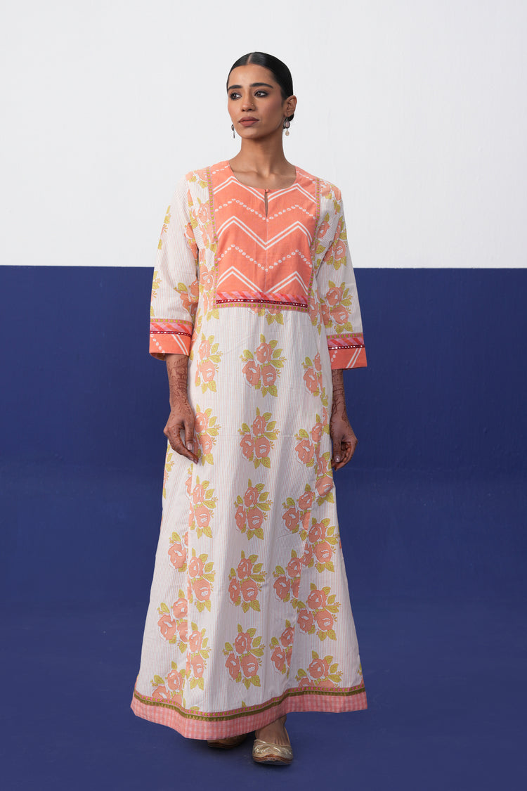 Rozana Cotton Printed Caftan White Orange
