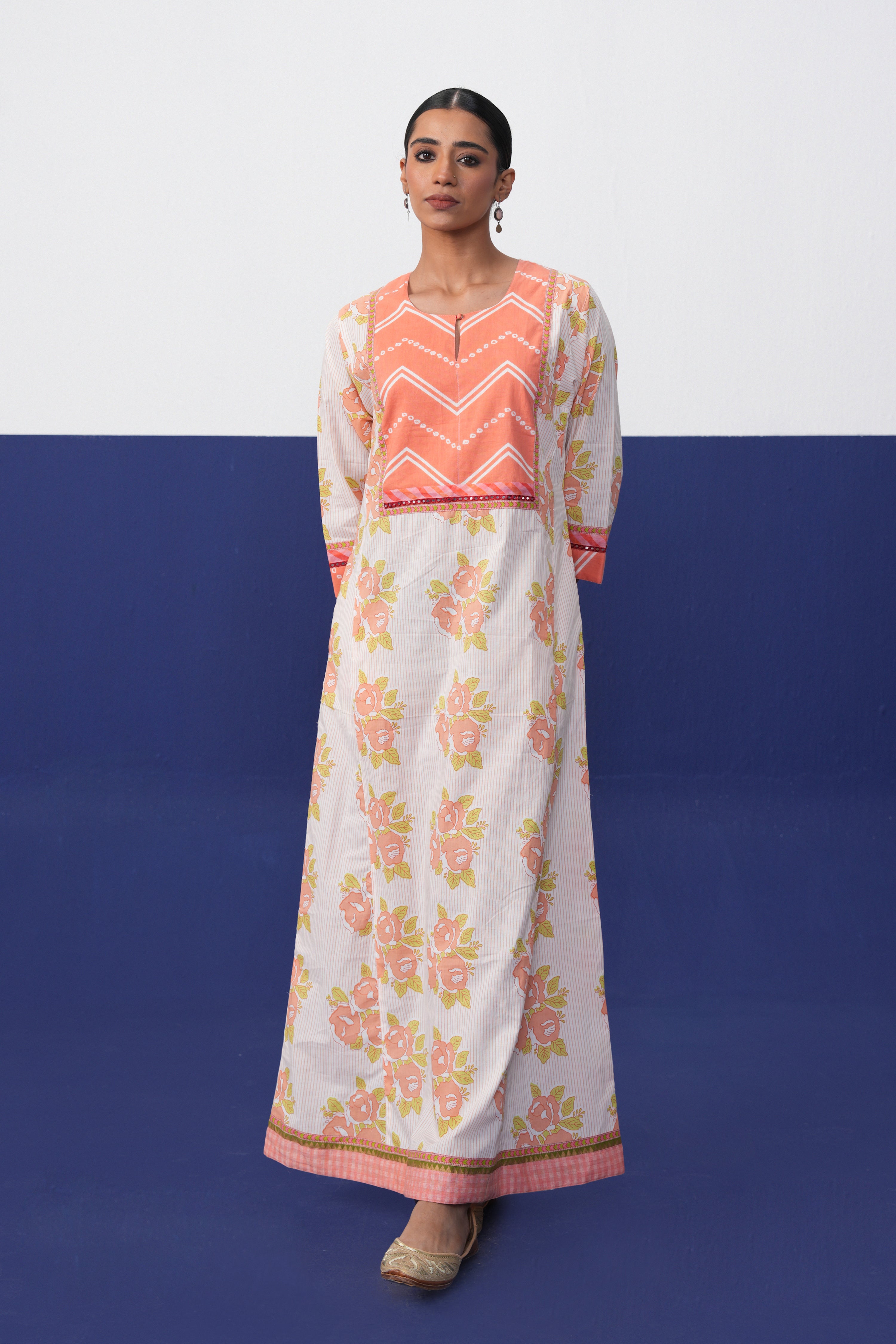 Rozana Cotton Printed Caftan White Orange