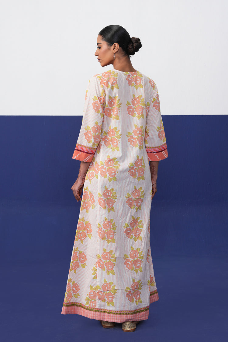 Rozana Cotton Printed Caftan White Orange