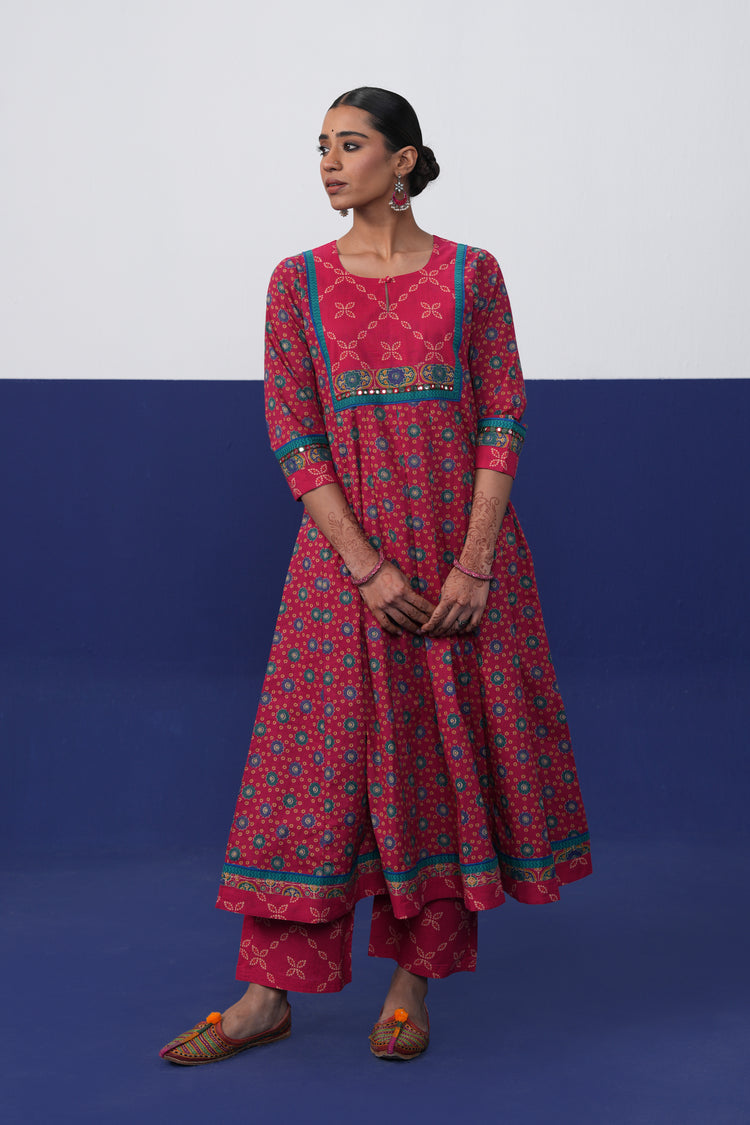 Rozana Anarkali Crinkled Cotton Printed Kurta Hot Pink
