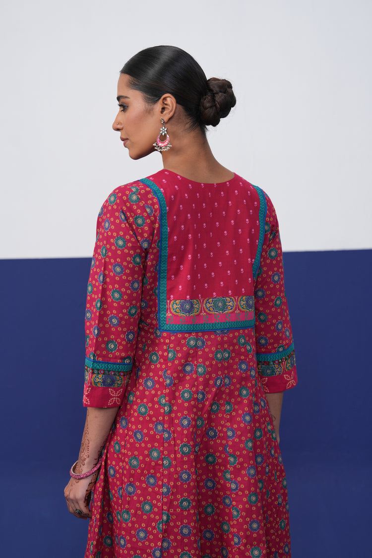Rozana Anarkali Crinkled Cotton Printed Kurta Hot Pink