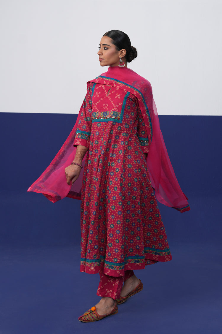 Rozana Anarkali Crinkled Cotton Printed Kurta Hot Pink