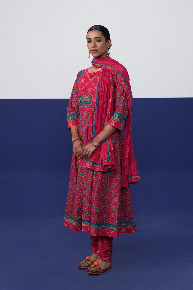 Rozana Anarkali Crinkled Cotton Printed Kurta Hot Pink