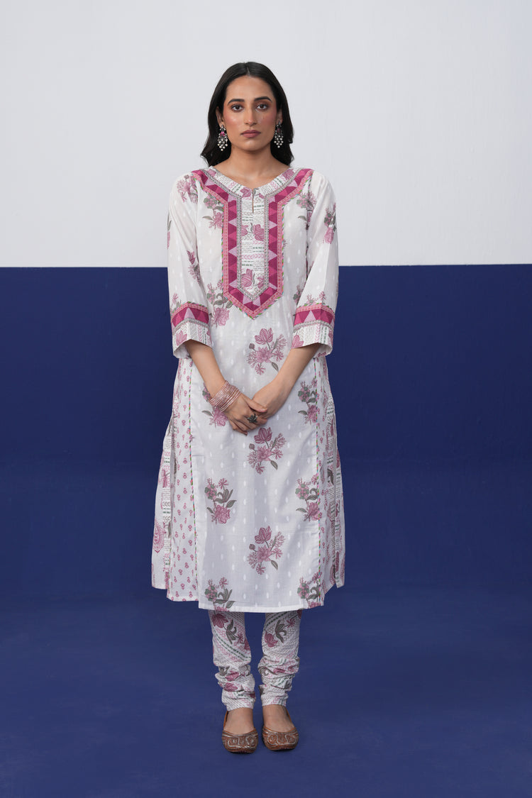 Adya Cotton Printed Kurta White Pink
