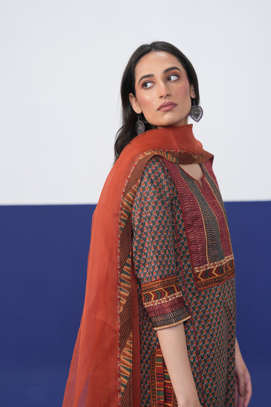 Dienne Cotton Printed Kurta Bottle Green