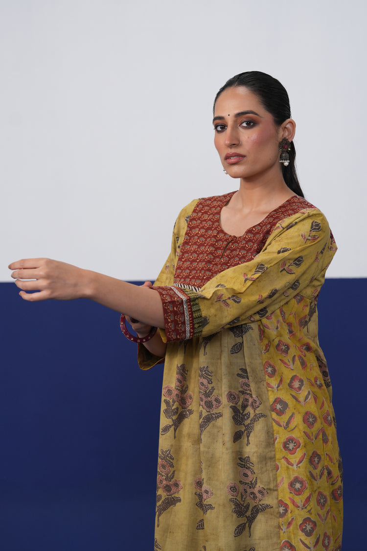 Banjara Cotton Hand Block Printed Kurta Ochre Yellow